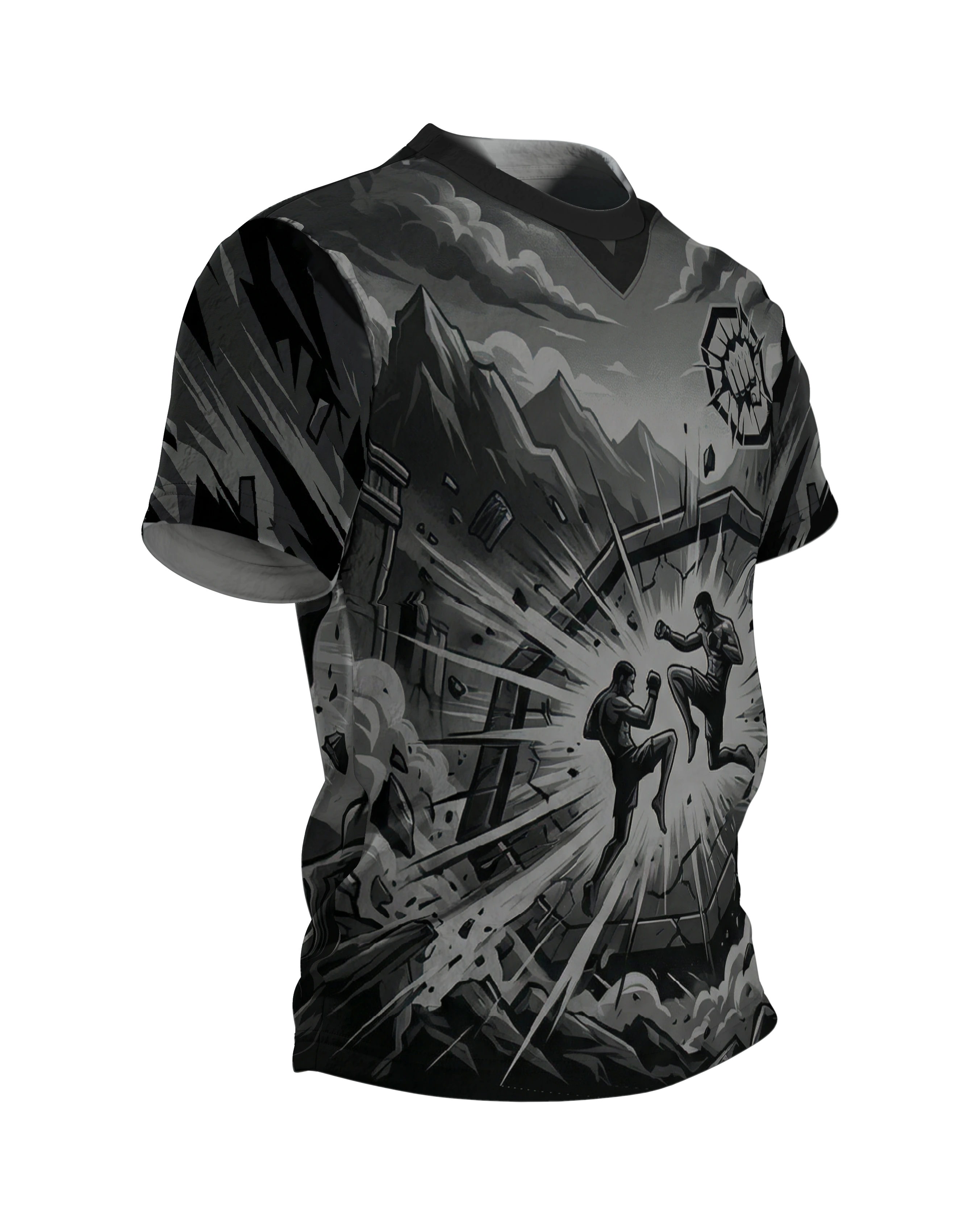 MMA Käfigkampf in der Steinarena, monochromes Comic Fight Shirt mit Bodenkampf am Rücken, Seitenansicht links