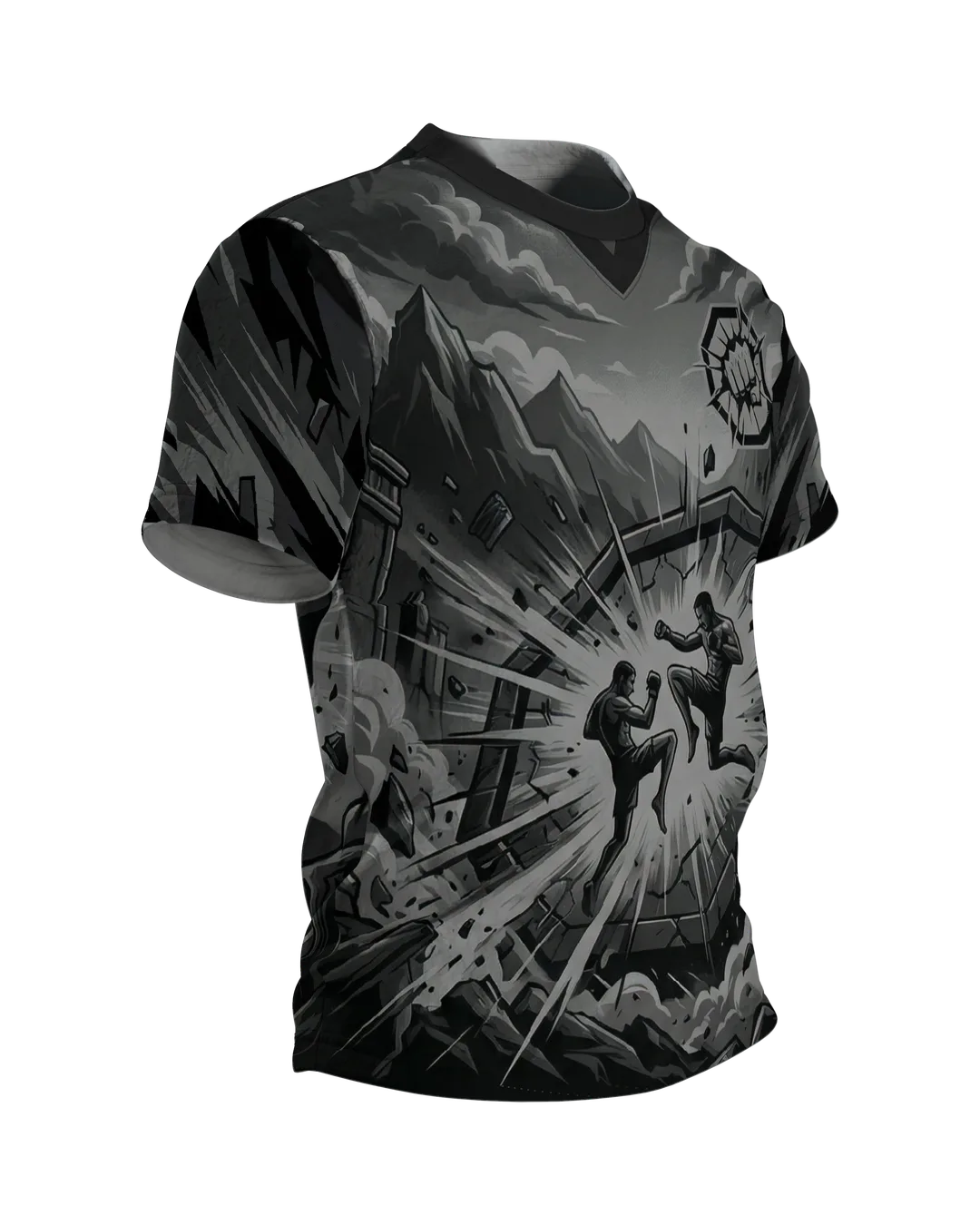 MMA Käfigkampf in der Steinarena, monochromes Comic Fight Shirt mit Bodenkampf am Rücken, Seitenansicht links