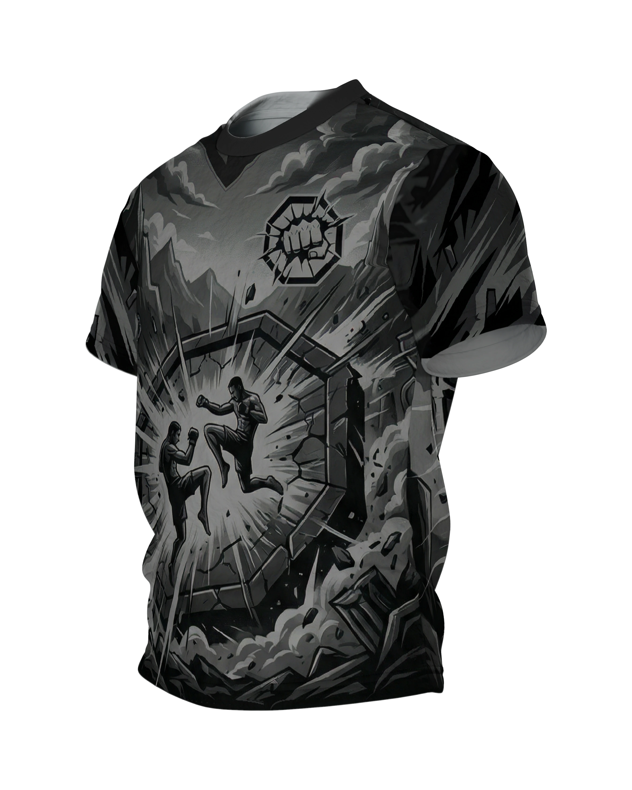 MMA Käfigkampf in der Steinarena, monochromes Comic Fight Shirt mit Bodenkampf am Rücken, Seitenansicht rechts