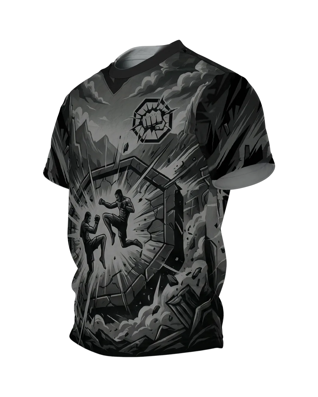 MMA Käfigkampf in der Steinarena, monochromes Comic Fight Shirt mit Bodenkampf am Rücken, Seitenansicht rechts