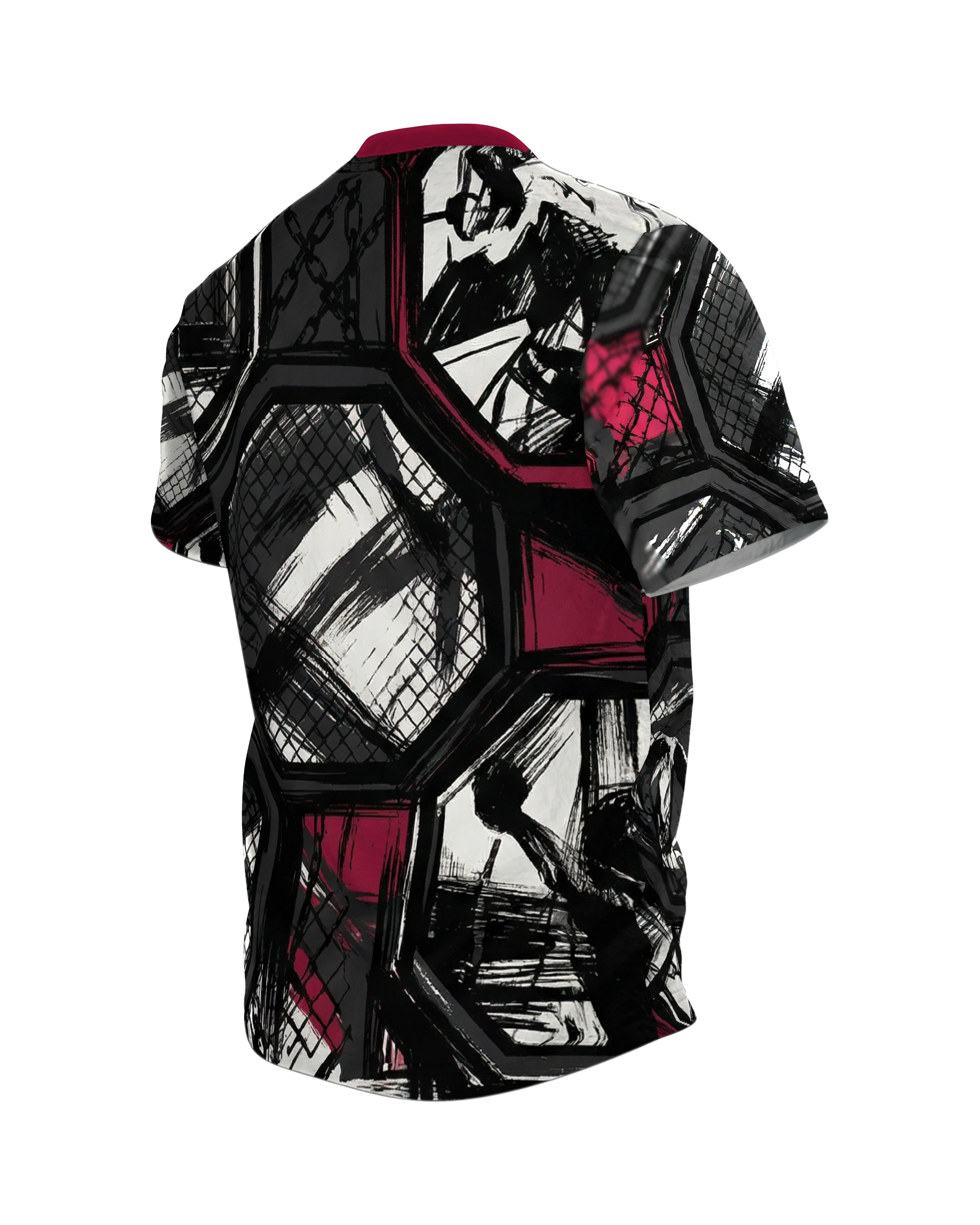 MMA Cage Storyboard T-Shirt, Oktagon-Panels im Tusche-Stil als Allover in Schwarz Weinrot, Rückseite schräg links