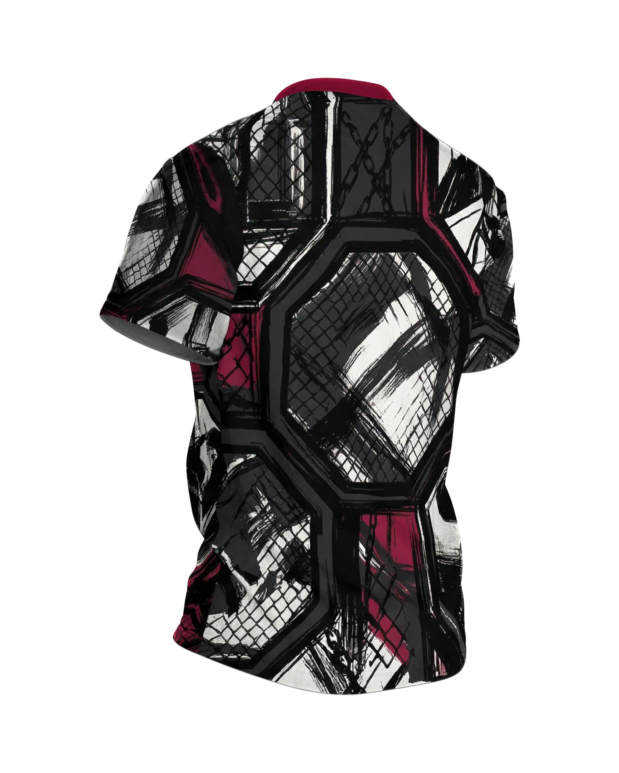 MMA Cage Storyboard T-Shirt, Oktagon-Panels im Tusche-Stil als Allover in Schwarz Weinrot, Rückseite schräg rechts