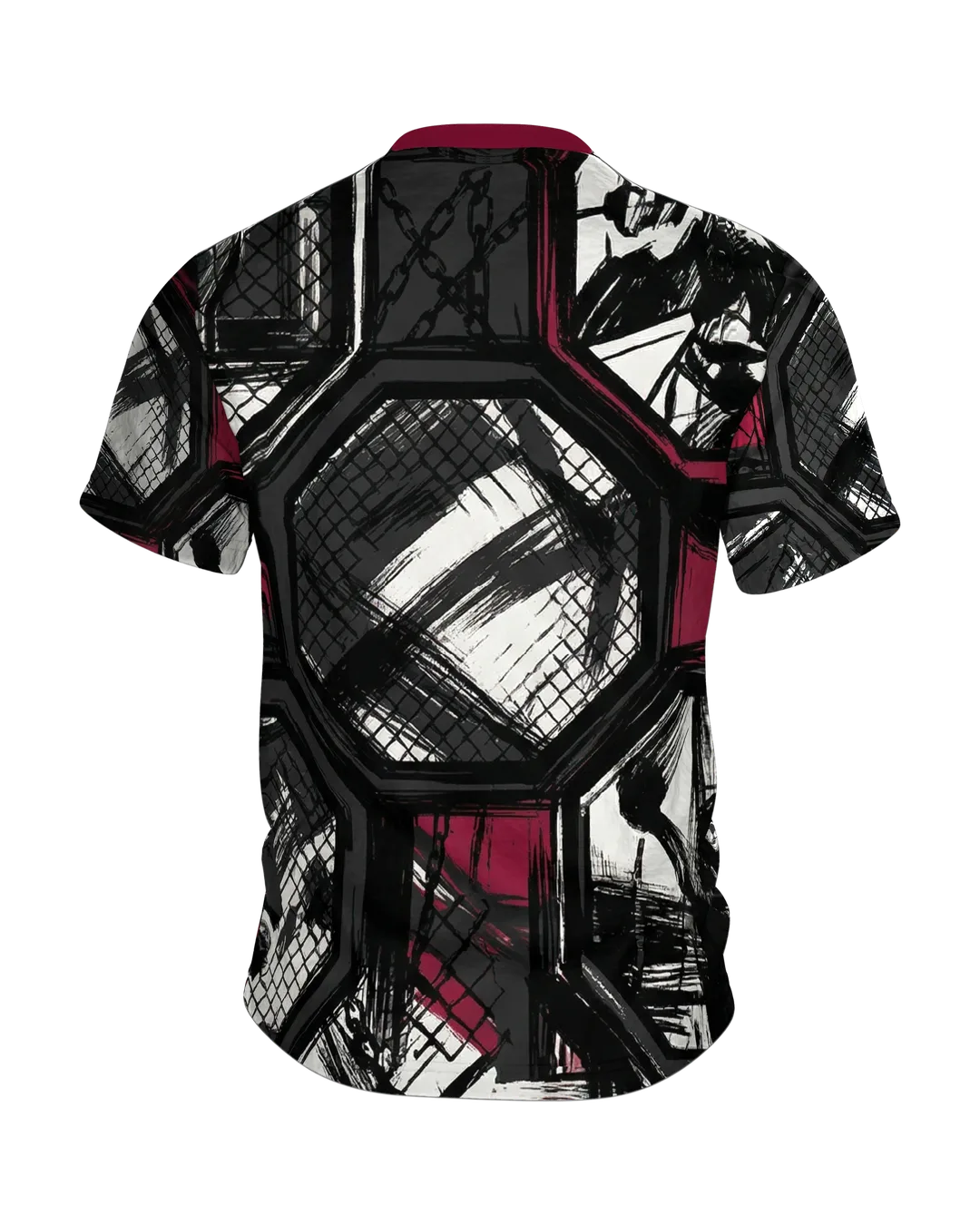 MMA Cage Storyboard T-Shirt, Oktagon-Panels im Tusche-Stil als Allover in Schwarz Weinrot, Rückseite