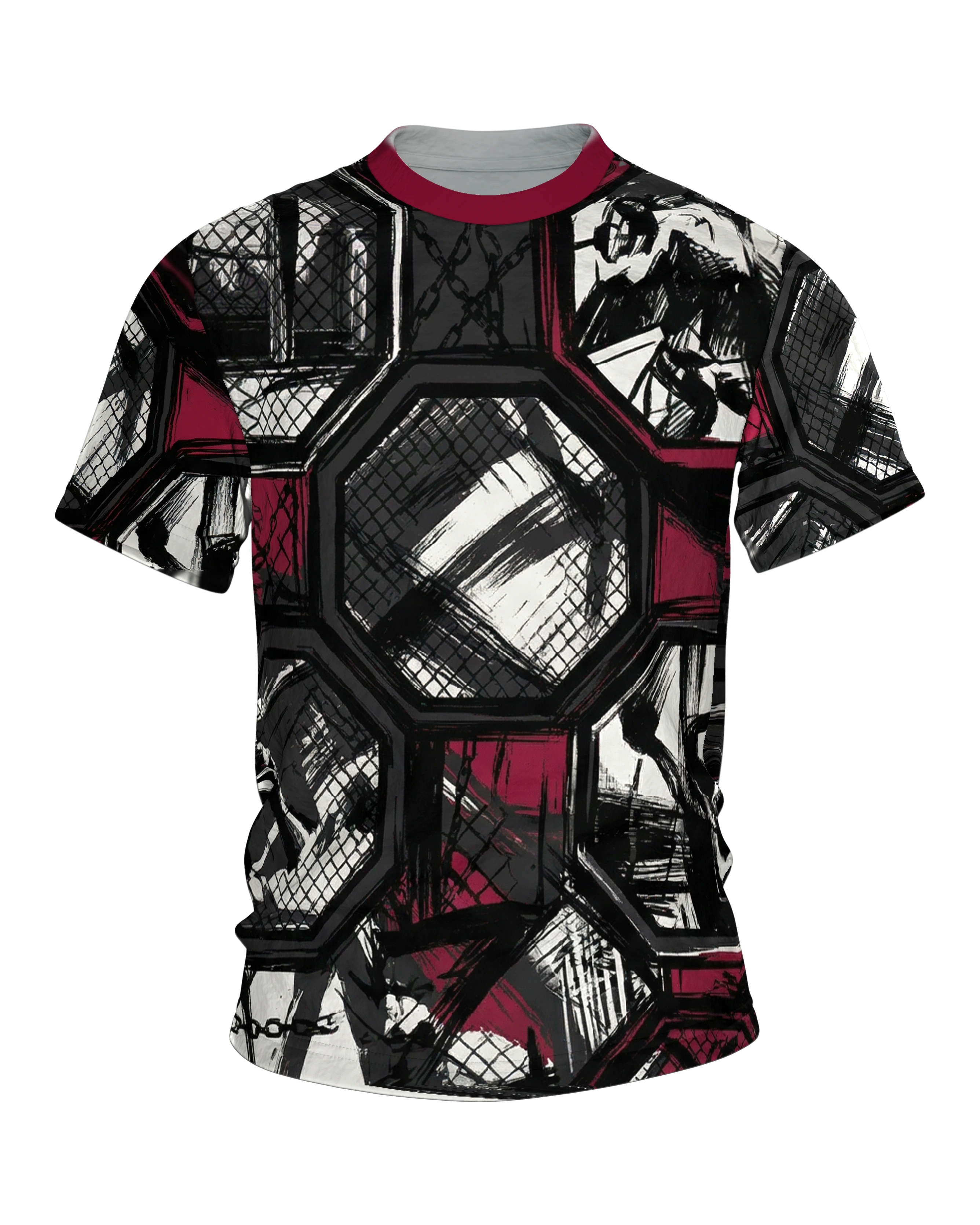 MMA Cage Storyboard T-Shirt, Oktagon-Panels im Tusche-Stil als Allover in Schwarz Weinrot