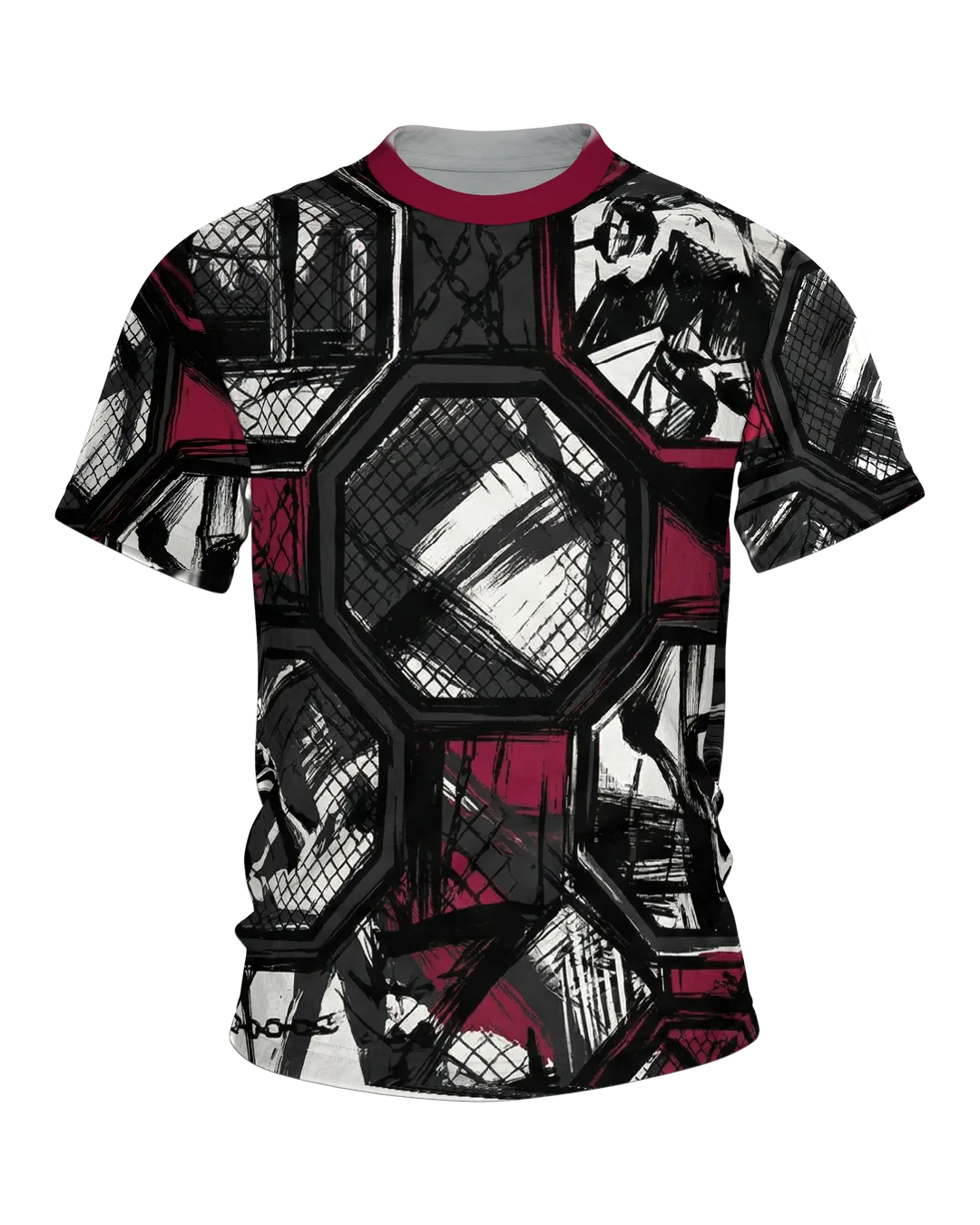 MMA Cage Storyboard T-Shirt, Oktagon-Panels im Tusche-Stil als Allover in Schwarz Weinrot