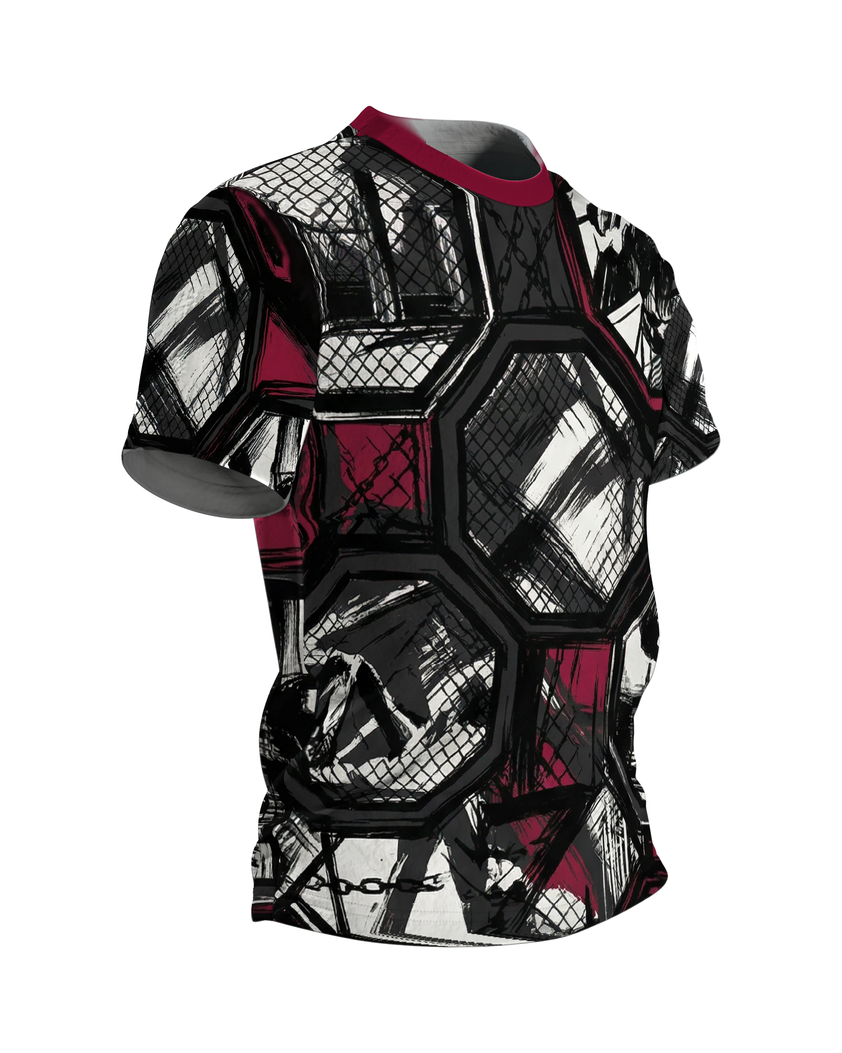 MMA Cage Storyboard T-Shirt, Oktagon-Panels im Tusche-Stil als Allover in Schwarz Weinrot, Seitenansicht links