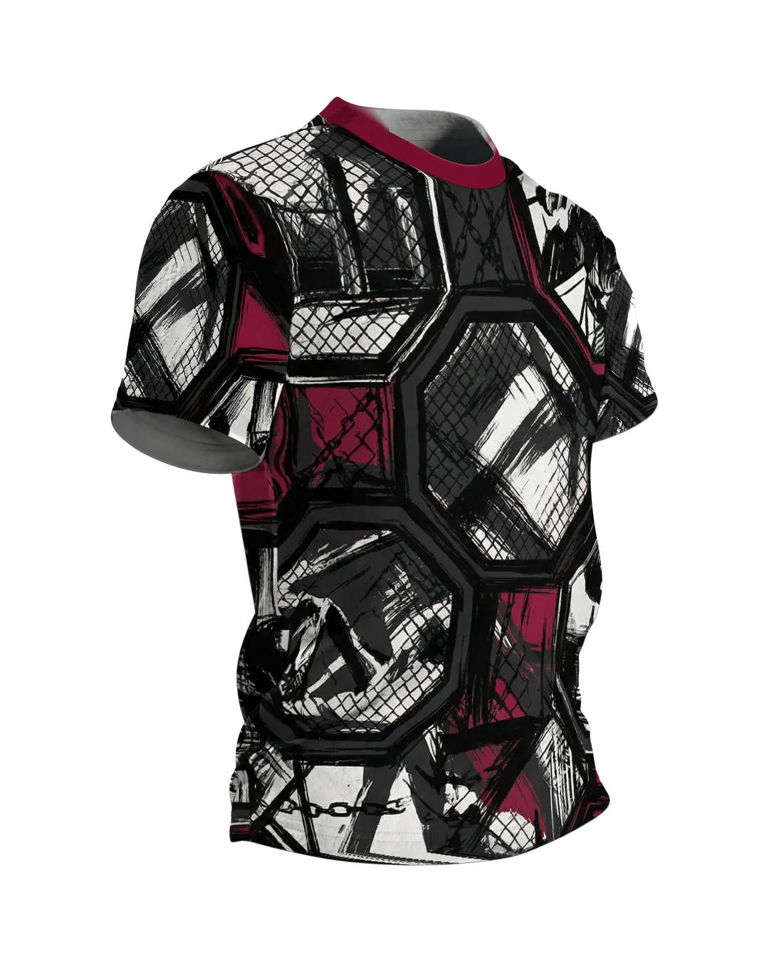 MMA Cage Storyboard T-Shirt, Oktagon-Panels im Tusche-Stil als Allover in Schwarz Weinrot, Seitenansicht links