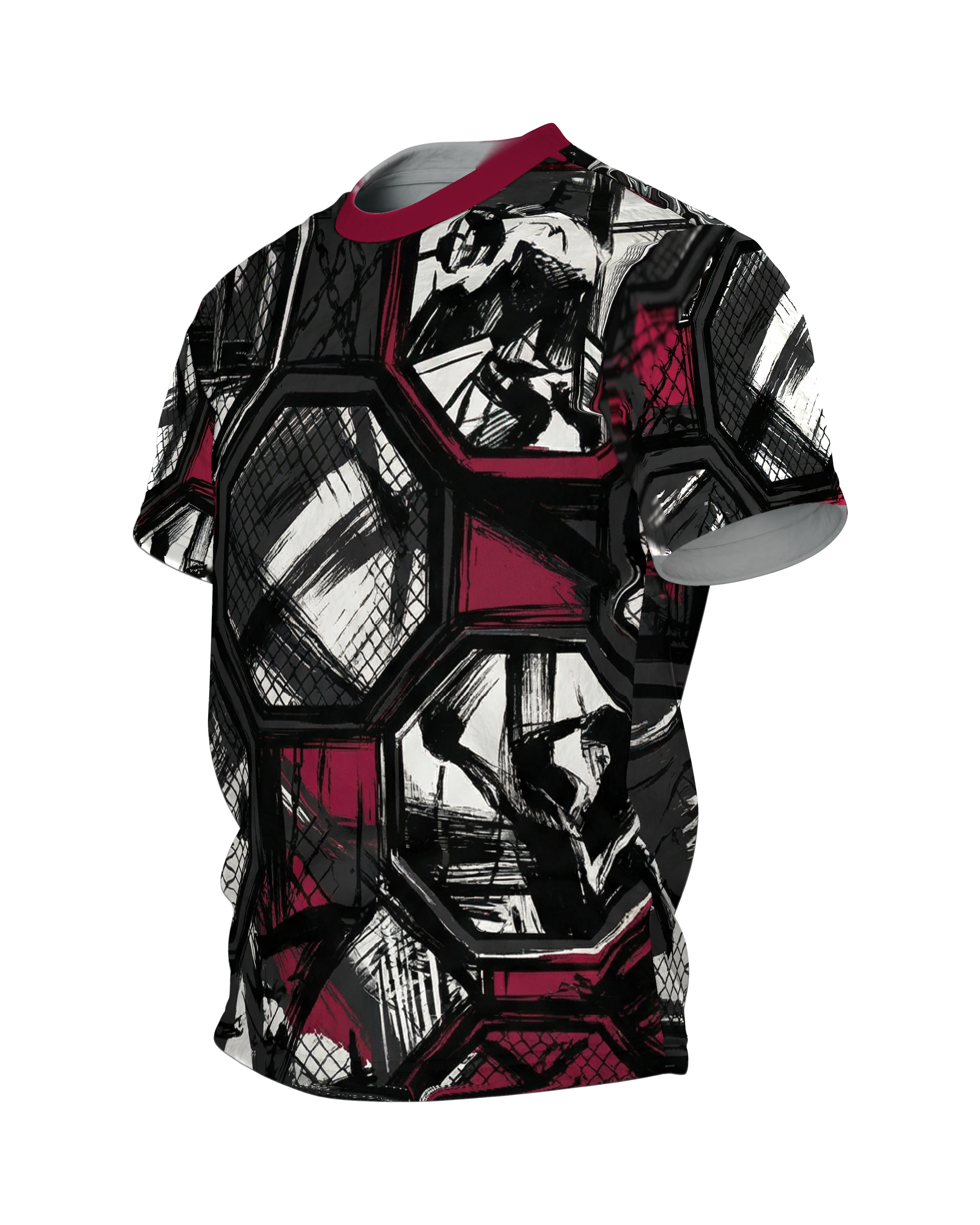 MMA Cage Storyboard T-Shirt, Oktagon-Panels im Tusche-Stil als Allover in Schwarz Weinrot, Seitenansicht rechts