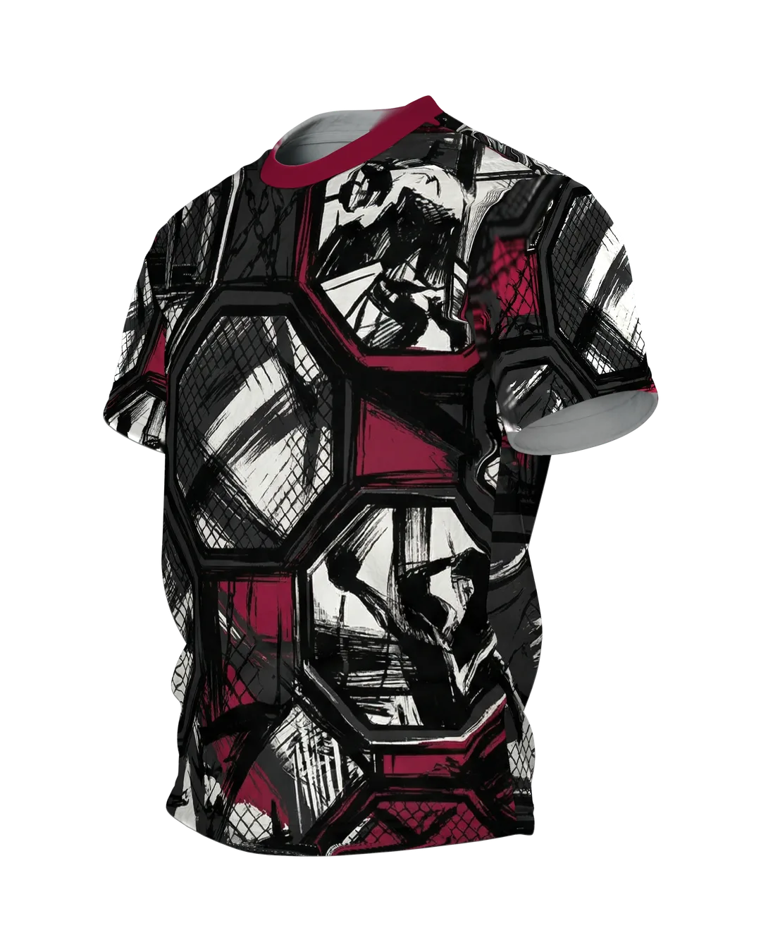 MMA Cage Storyboard T-Shirt, Oktagon-Panels im Tusche-Stil als Allover in Schwarz Weinrot, Seitenansicht rechts
