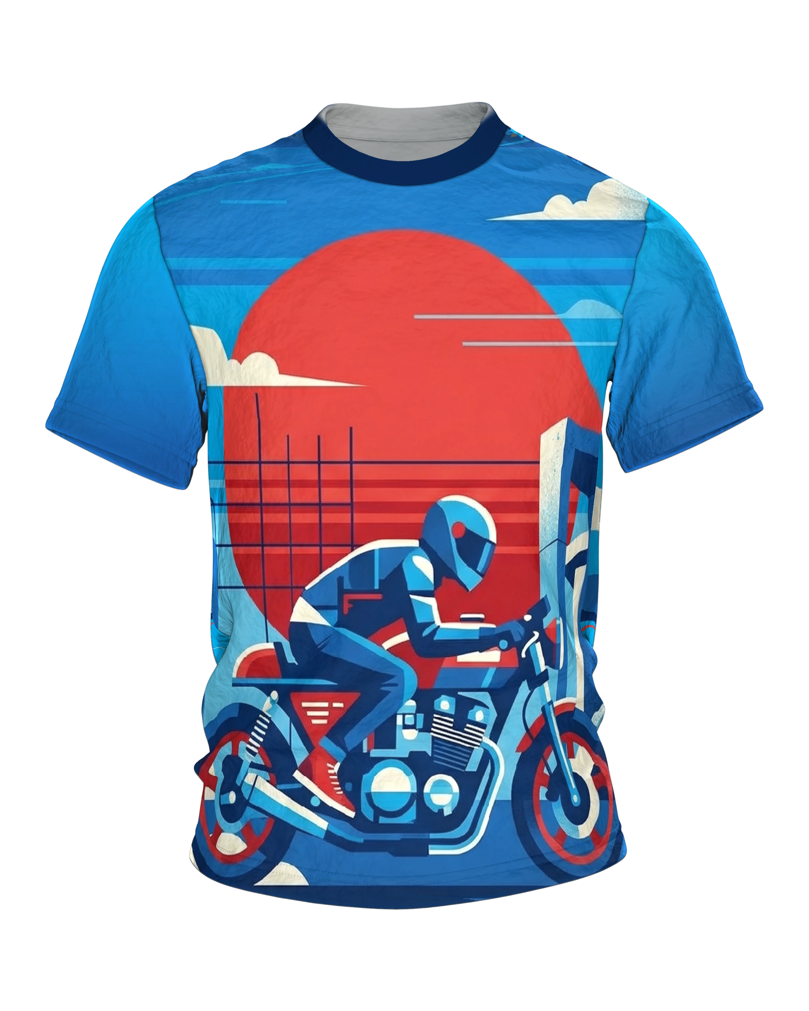 Vintage Cafe Racer T-Shirt, Fahrer vor roter Sonne im Poster-Stil, Hochtrassen-Grafik am Rücken