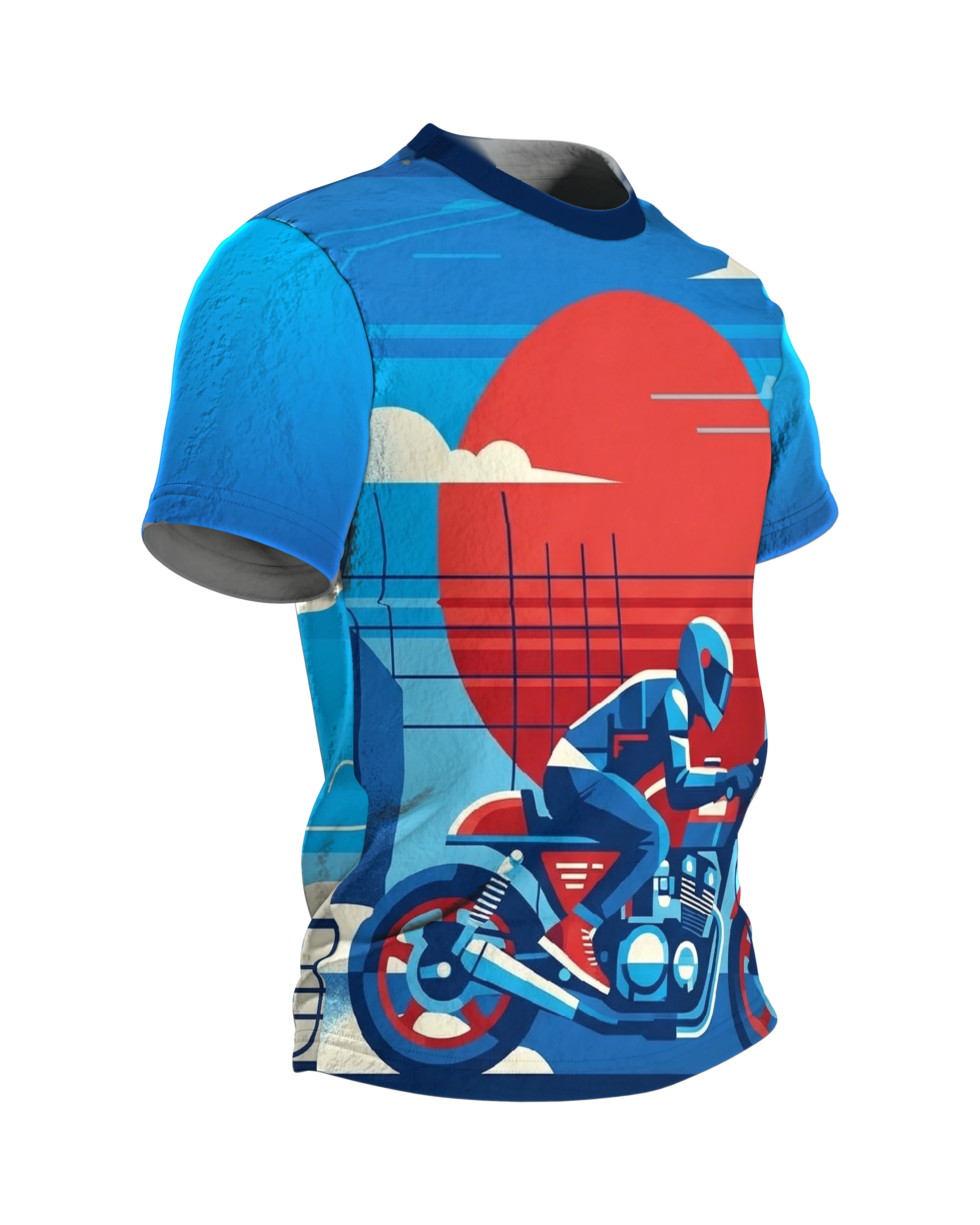 Vintage Cafe Racer T-Shirt, Fahrer vor roter Sonne im Poster-Stil, Hochtrassen-Grafik am Rücken, Seitenansicht links