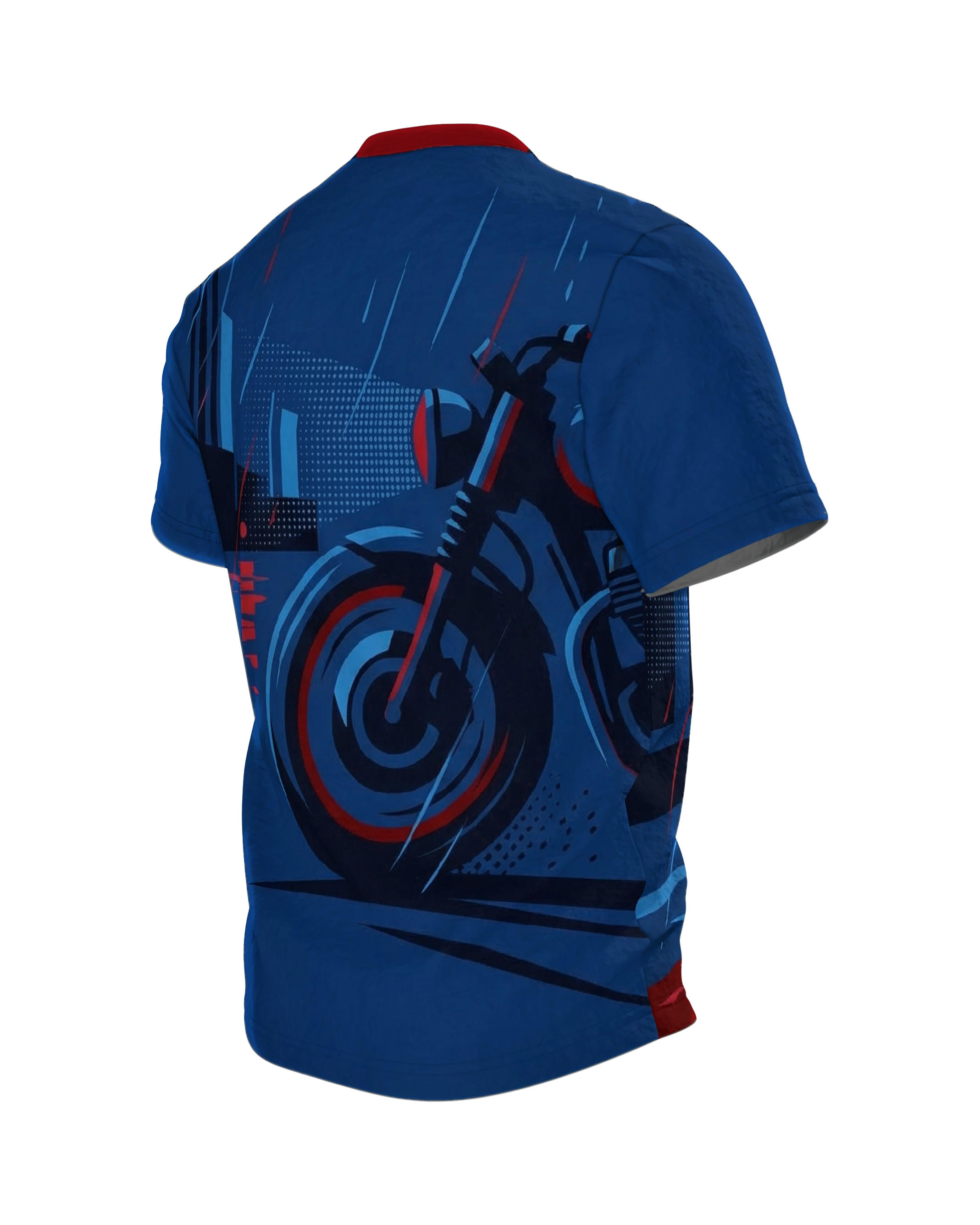 Night Rider T-Shirt, Motorradfahrer bei Nacht in Blau und Rot vorn, geparktes Motorrad in der Regenstadt am Rücken, Rückseite schräg links