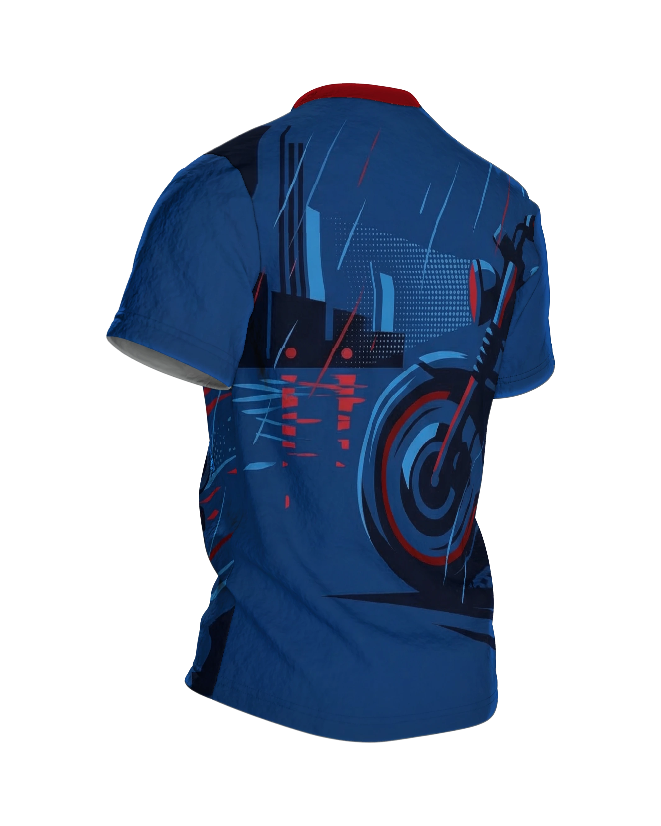 Night Rider T-Shirt, Motorradfahrer bei Nacht in Blau und Rot vorn, geparktes Motorrad in der Regenstadt am Rücken, Rückseite schräg rechts