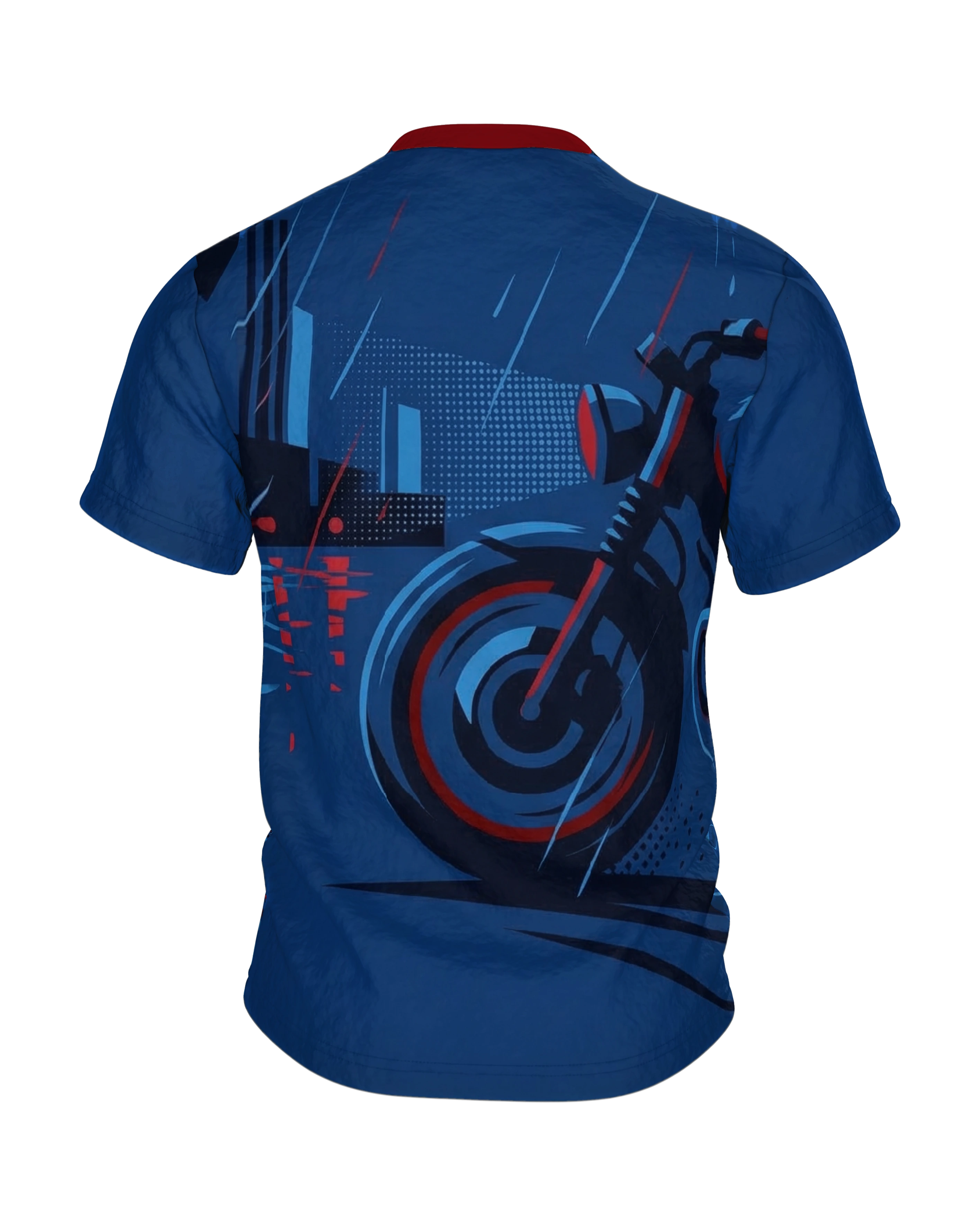 Night Rider T-Shirt, Motorradfahrer bei Nacht in Blau und Rot vorn, geparktes Motorrad in der Regenstadt am Rücken, Rückseite