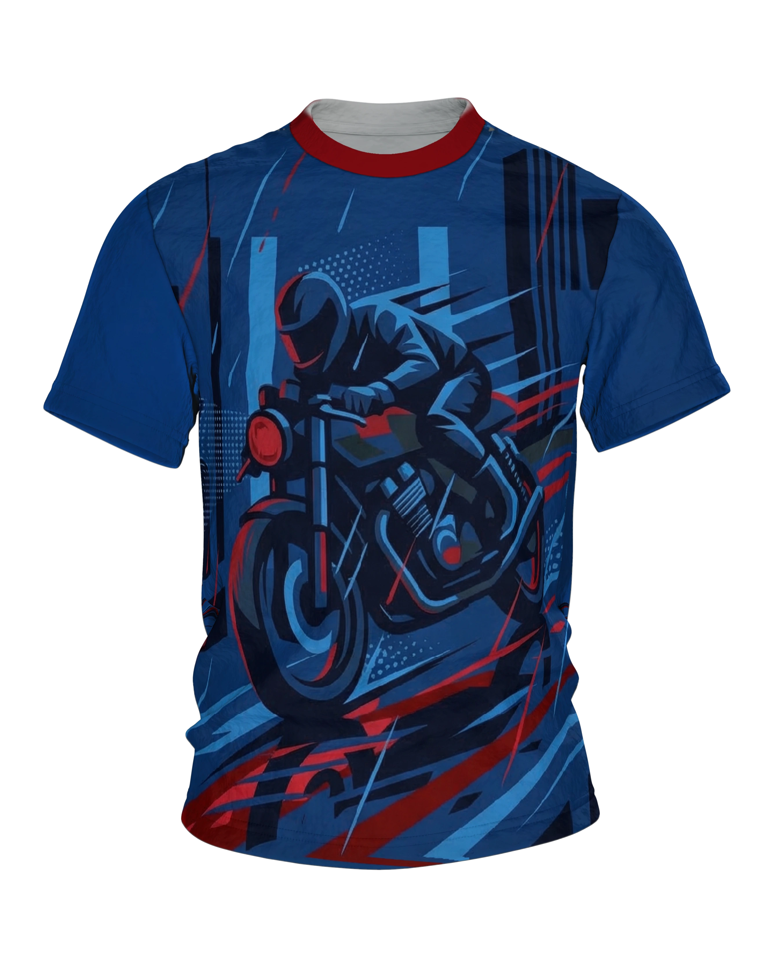 Night Rider T-Shirt, Motorradfahrer bei Nacht in Blau und Rot vorn, geparktes Motorrad in der Regenstadt am Rücken