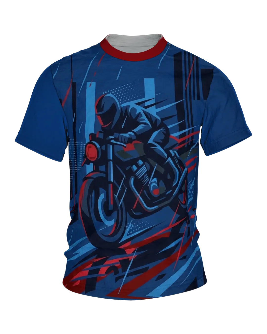 Night Rider T-Shirt, Motorradfahrer bei Nacht in Blau und Rot vorn, geparktes Motorrad in der Regenstadt am Rücken