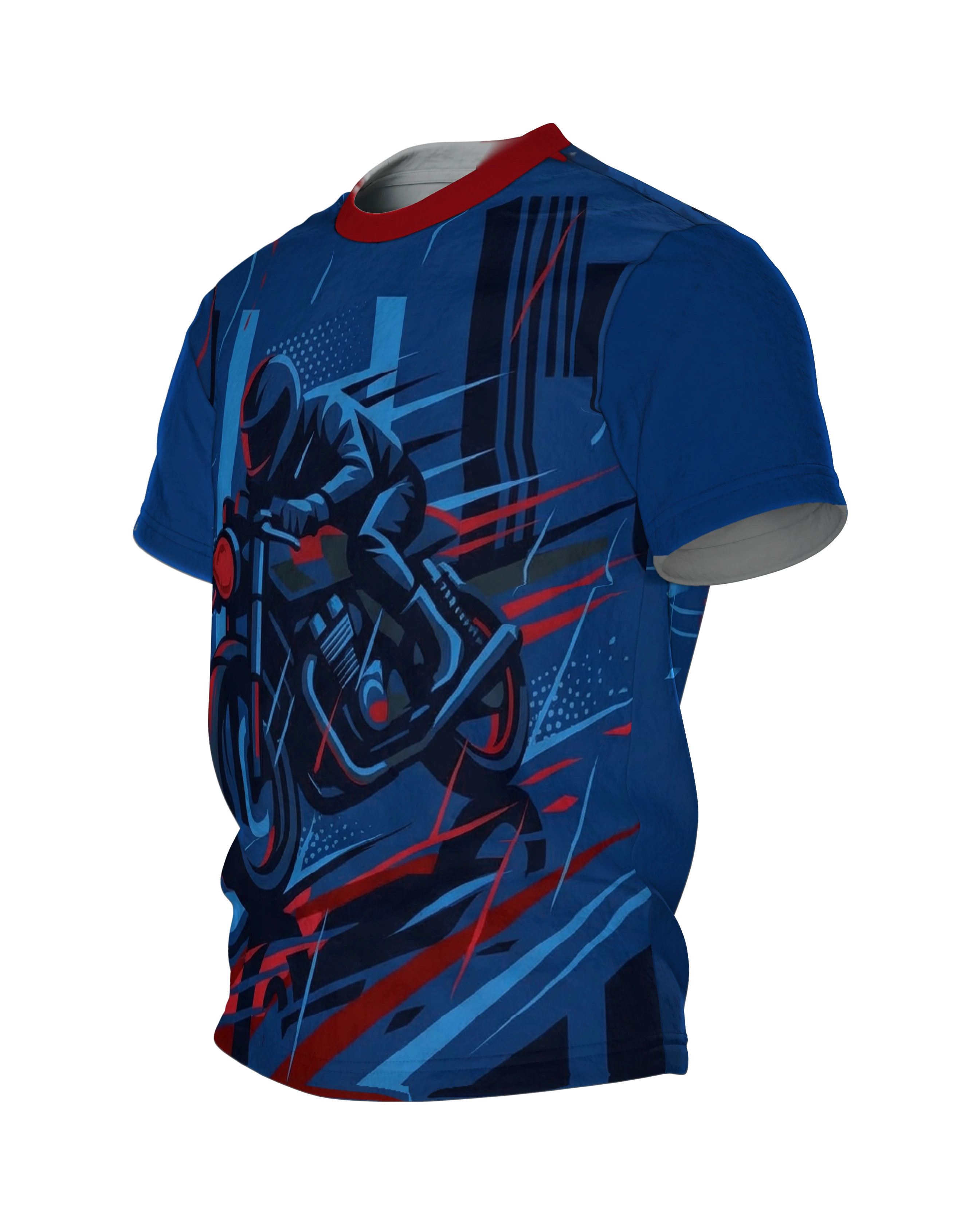 Night Rider T-Shirt, Motorradfahrer bei Nacht in Blau und Rot vorn, geparktes Motorrad in der Regenstadt am Rücken, Seitenansicht rechts
