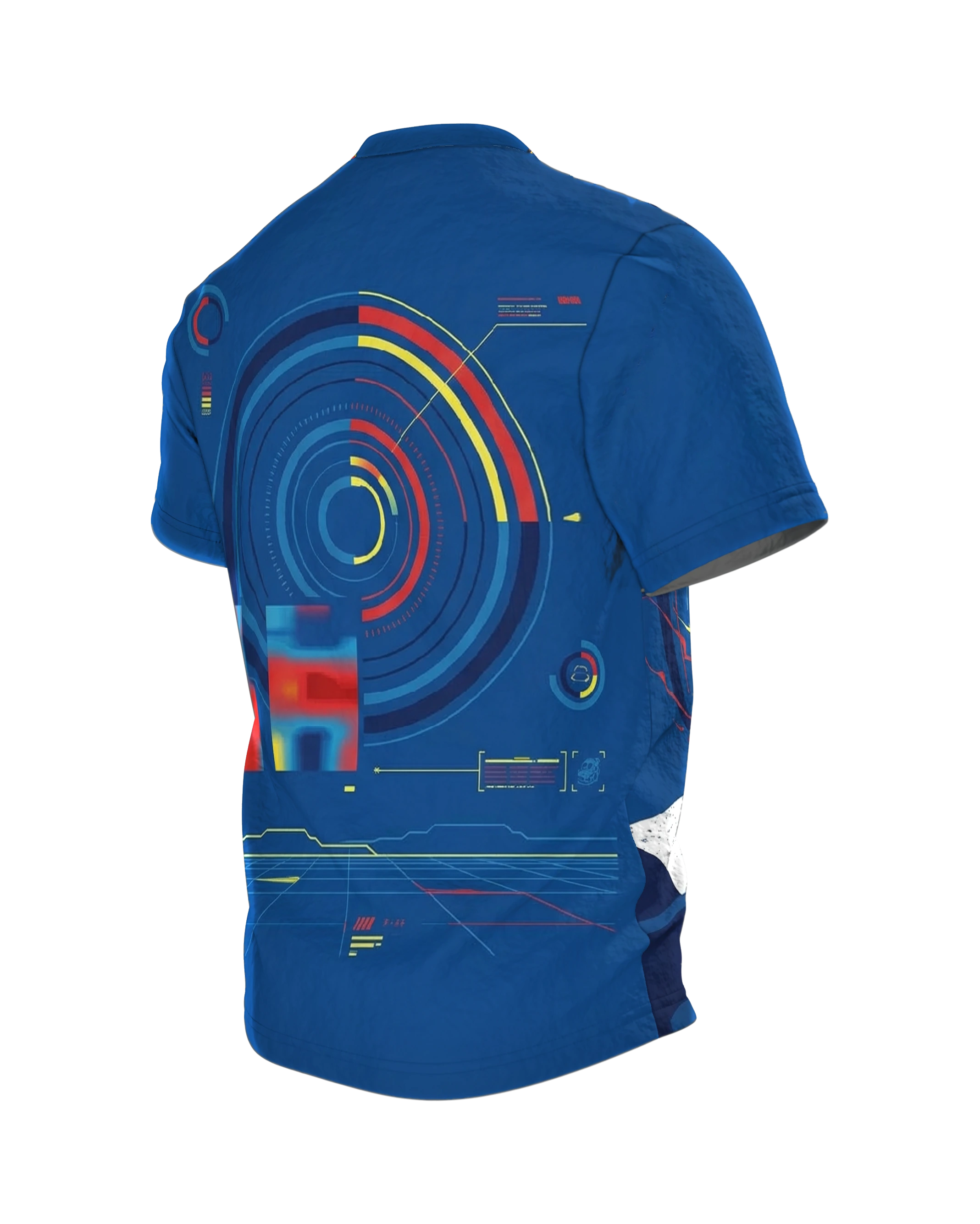 Cyberpunk Sportbike T-Shirt: Kurvenjagd unter der Drohne, Rückseite schräg links