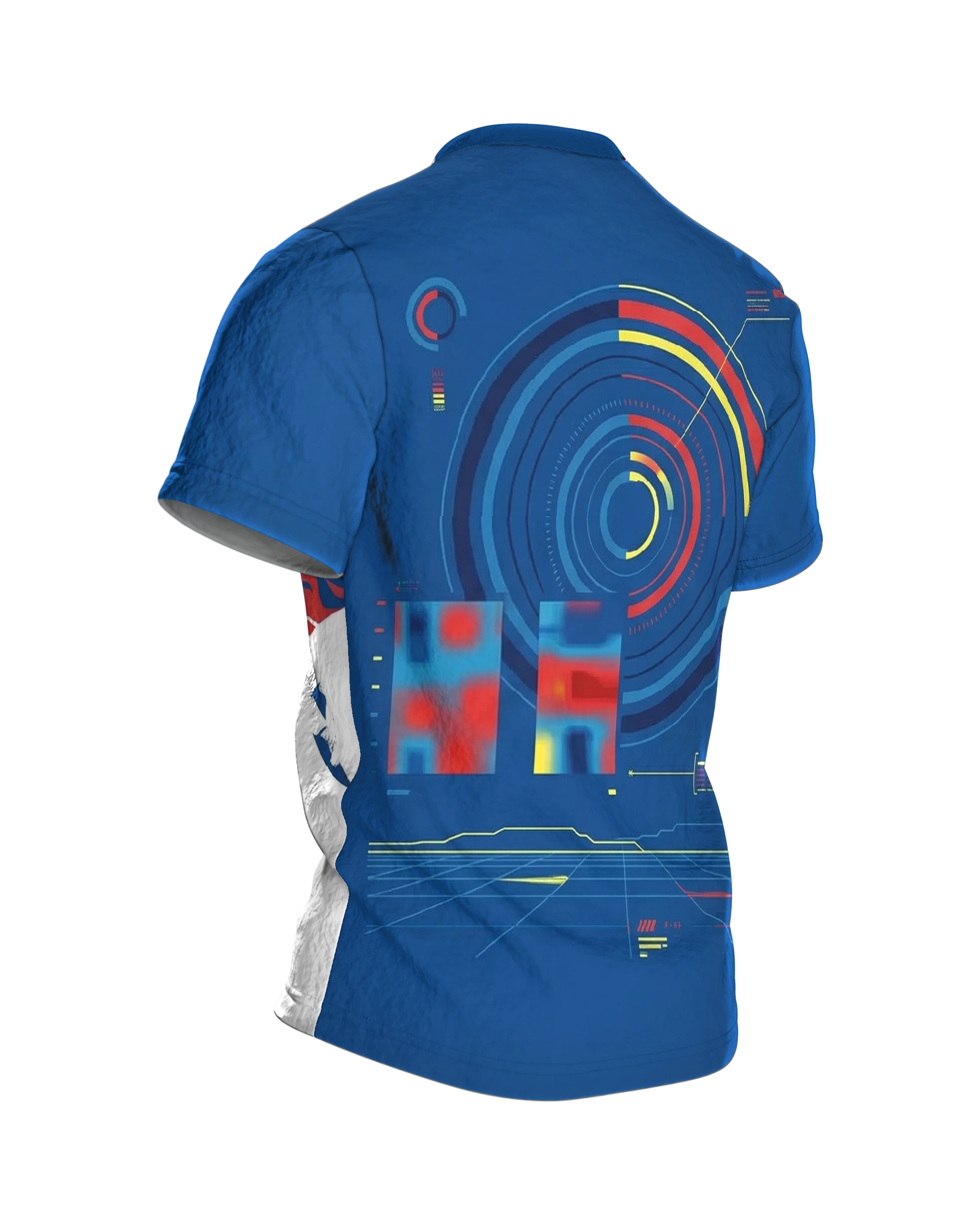 Cyberpunk Sportbike T-Shirt: Kurvenjagd unter der Drohne, Rückseite schräg rechts
