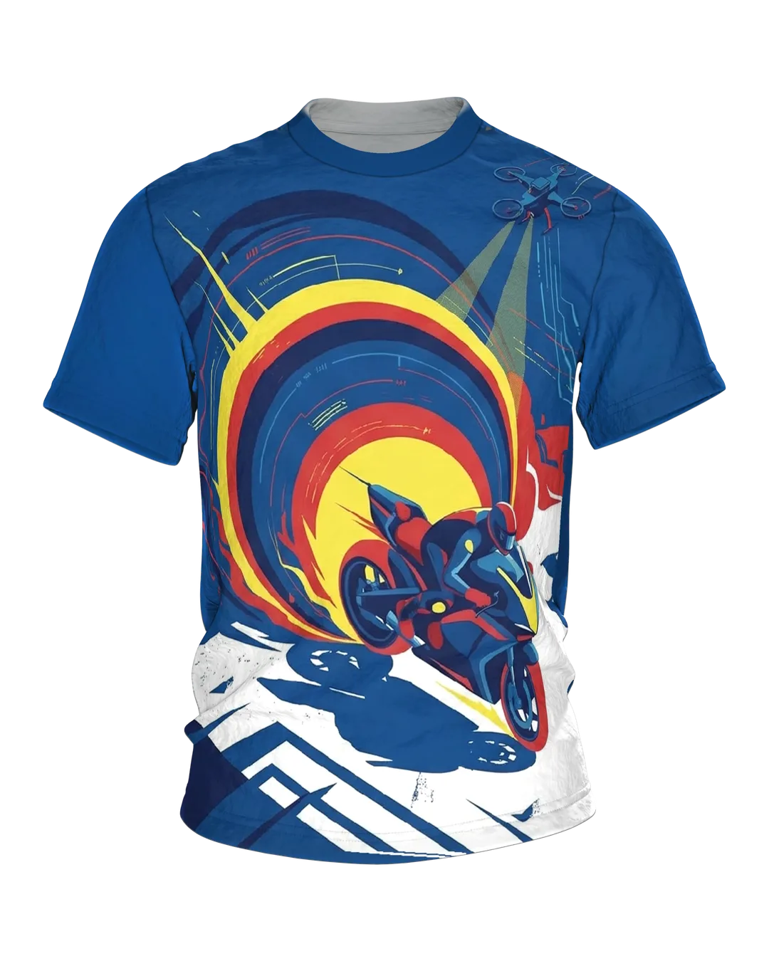 Cyberpunk Sportbike T-shirt: Cornering Chase Under the Drone