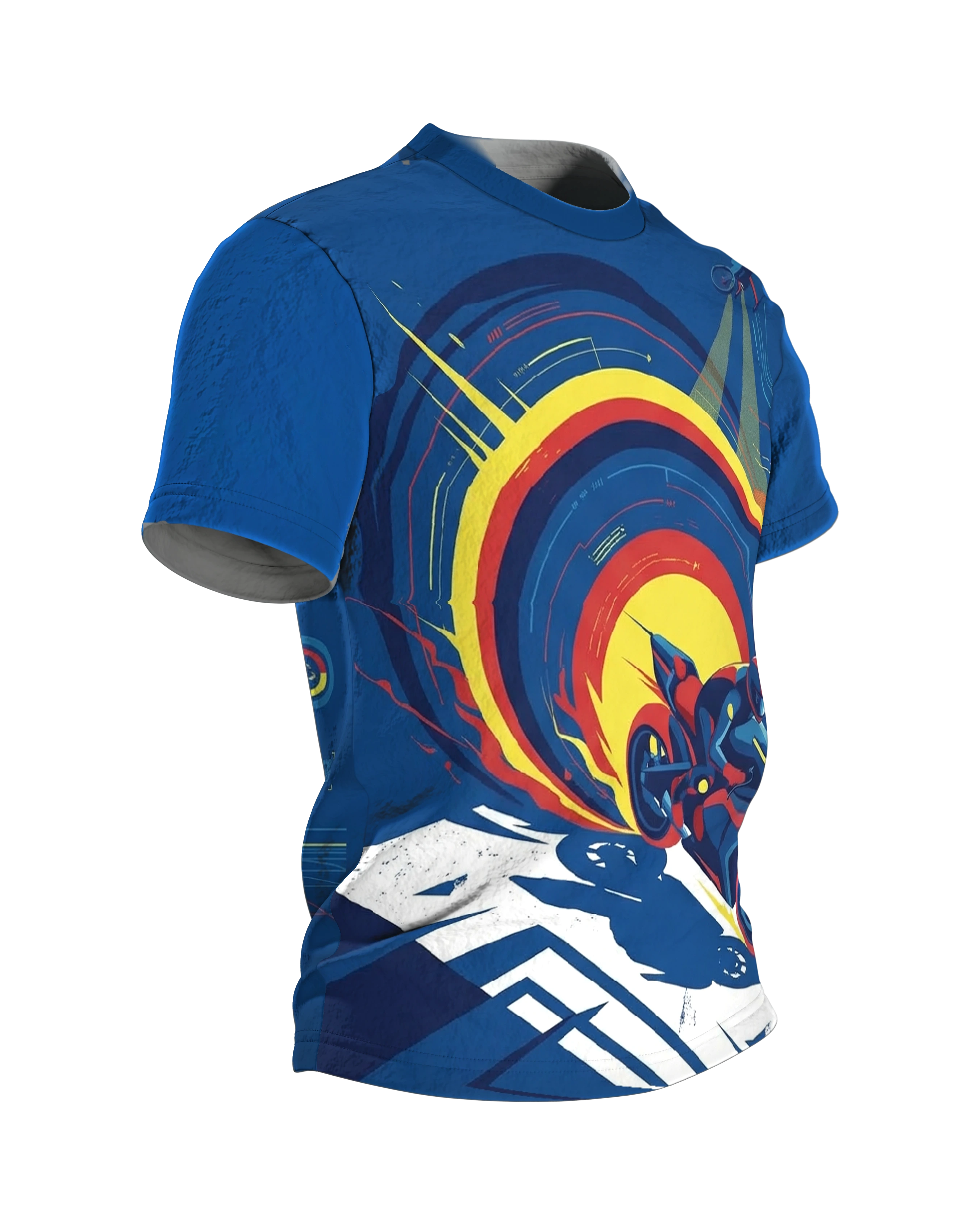Cyberpunk Sportbike T-Shirt: Kurvenjagd unter der Drohne, Seitenansicht links