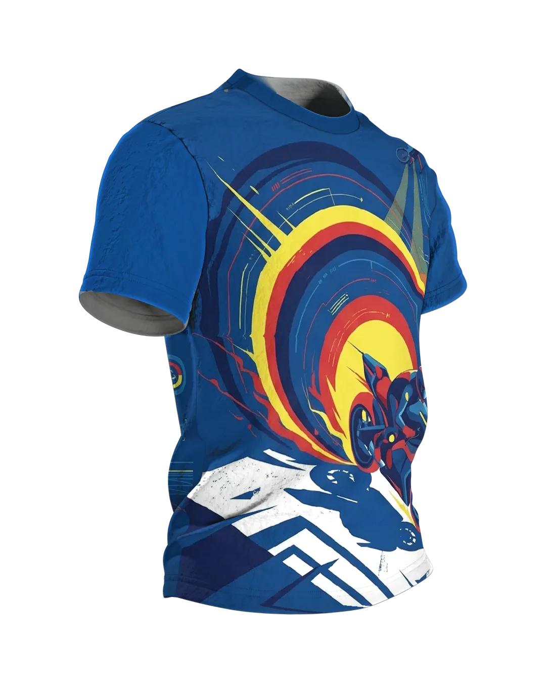 Cyberpunk Sportbike T-Shirt: Kurvenjagd unter der Drohne, Seitenansicht links