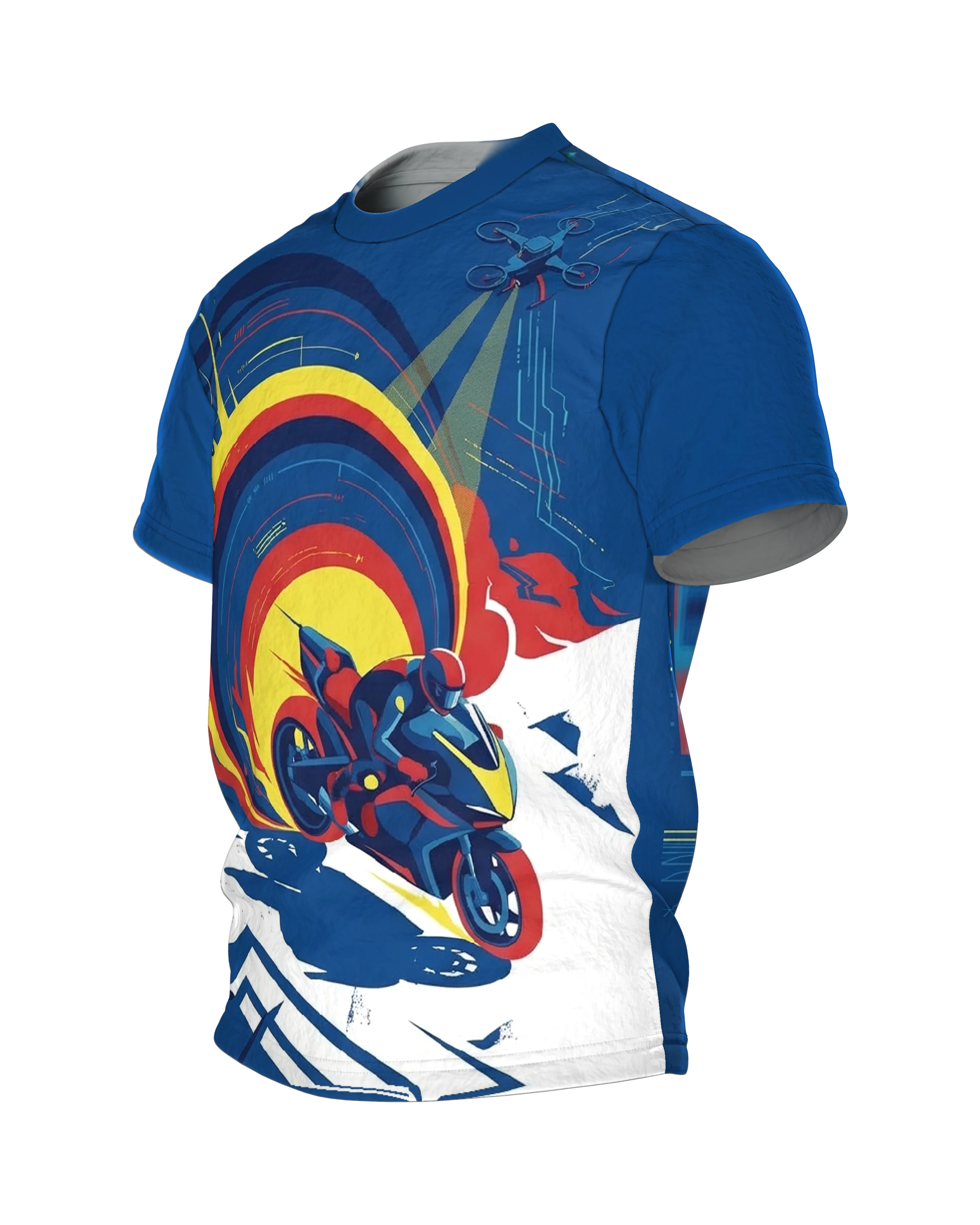 Cyberpunk Sportbike T-Shirt: Kurvenjagd unter der Drohne, Seitenansicht rechts