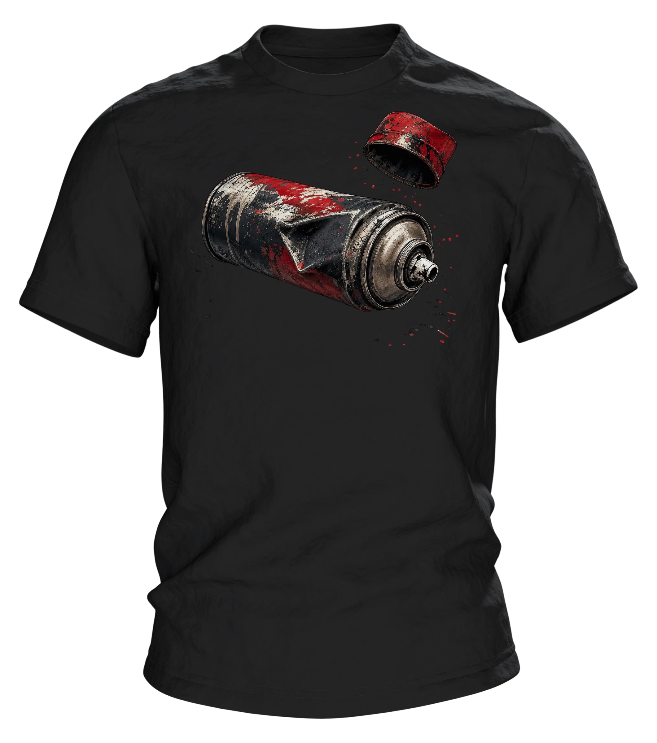 Spraydose T-Shirt: verbeulte Sprühdose in Chrom und Signalrot, Deckel im Flug
