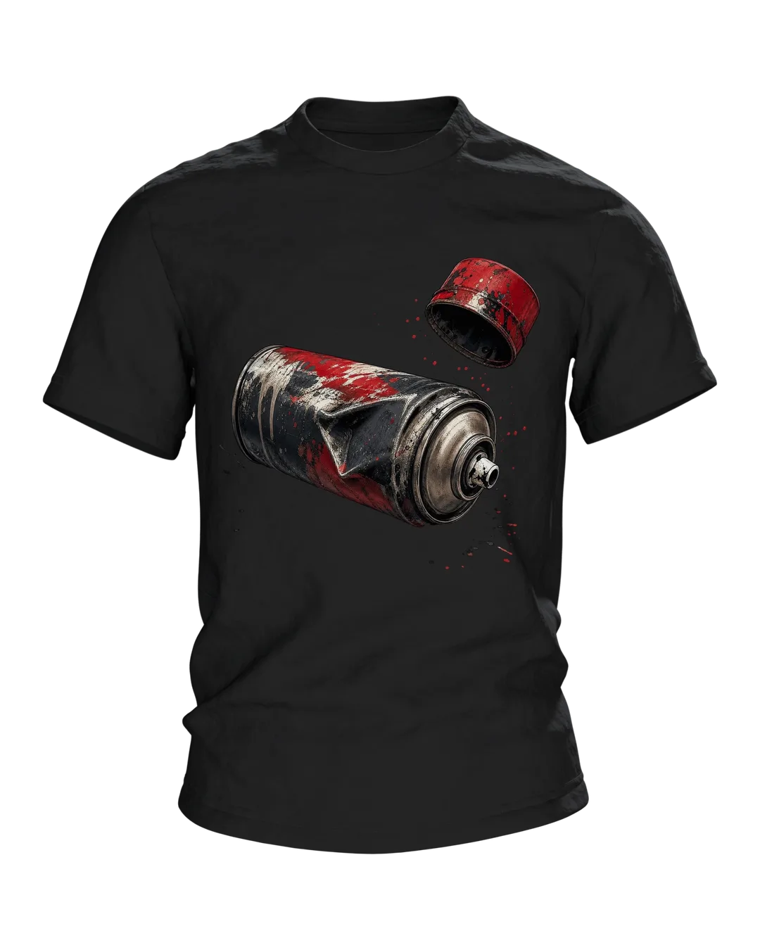 Spraydose T-Shirt: verbeulte Sprühdose in Chrom und Signalrot, Deckel im Flug