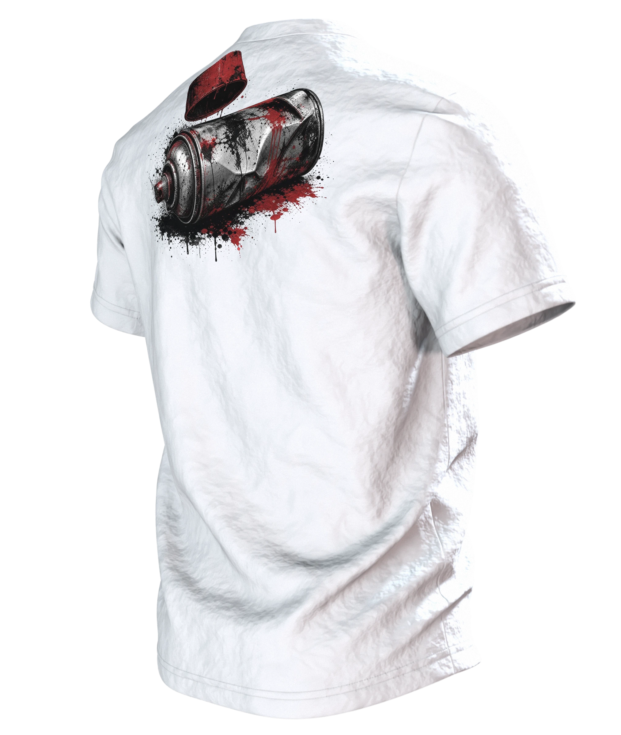 Spraydose T-Shirt: verbeulte Sprühdose in Chrom und Signalrot, Deckel im Flug, Rückseite schräg links