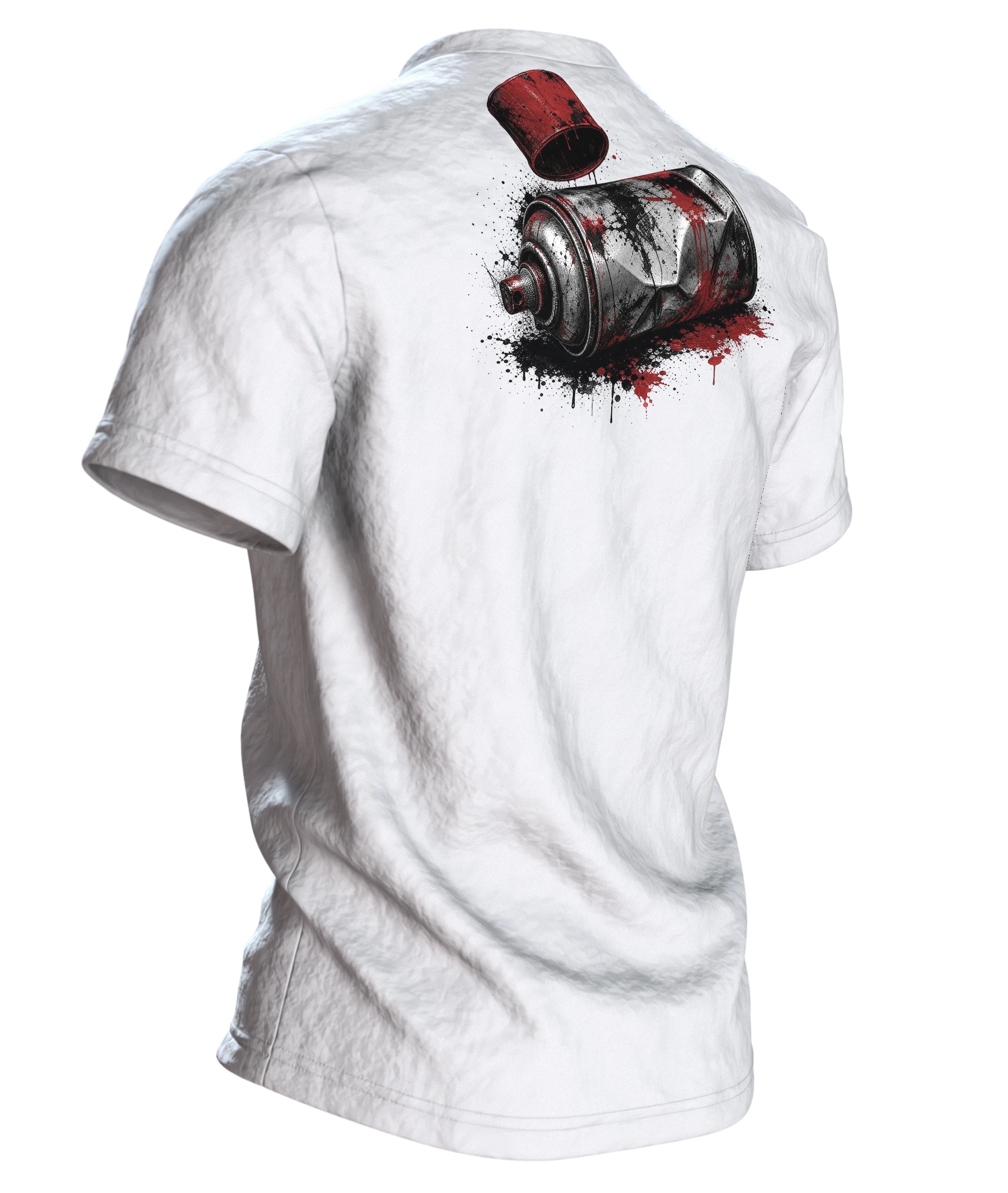 Spraydose T-Shirt: verbeulte Sprühdose in Chrom und Signalrot, Deckel im Flug, Rückseite schräg rechts