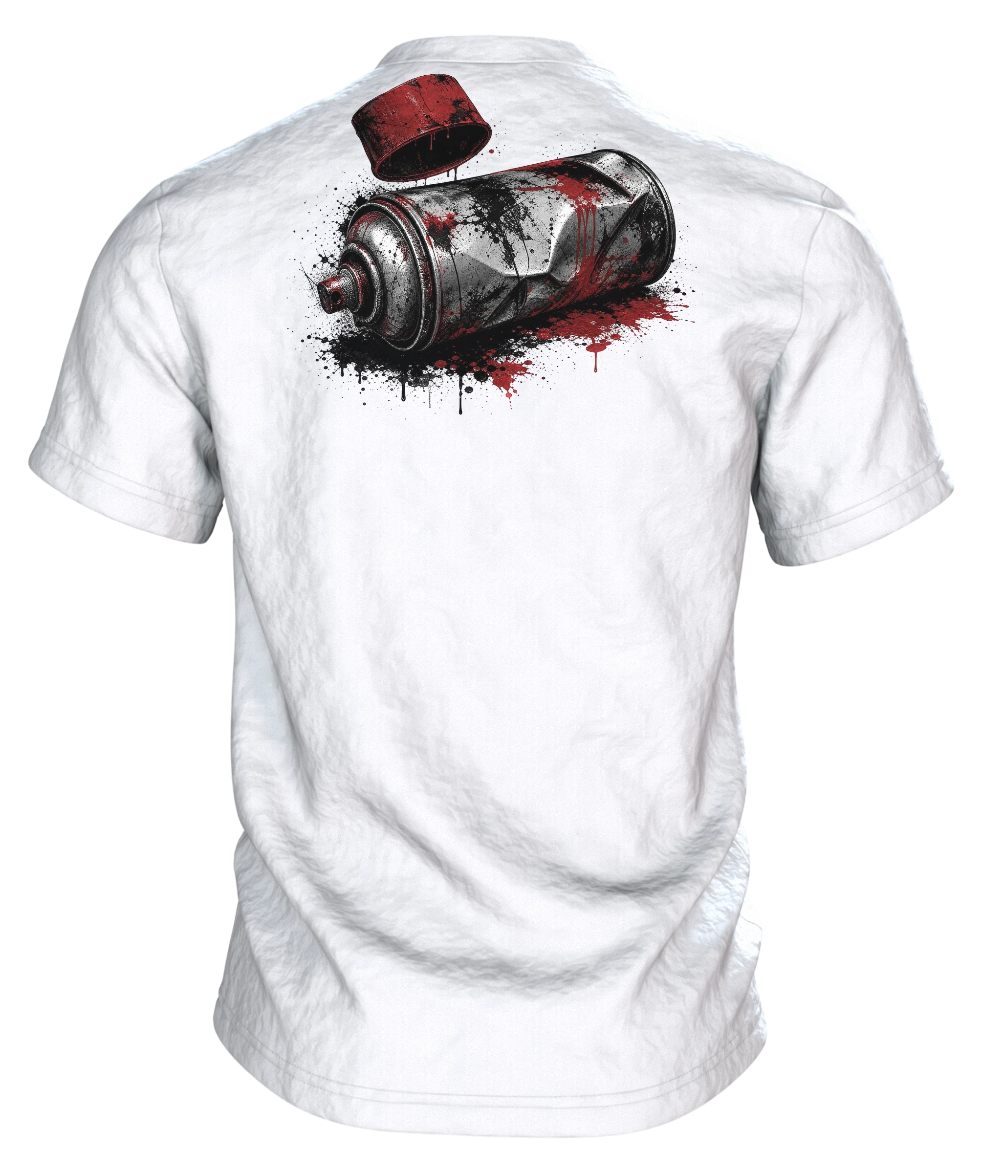 Spraydose T-Shirt: verbeulte Sprühdose in Chrom und Signalrot, Deckel im Flug, Rückseite