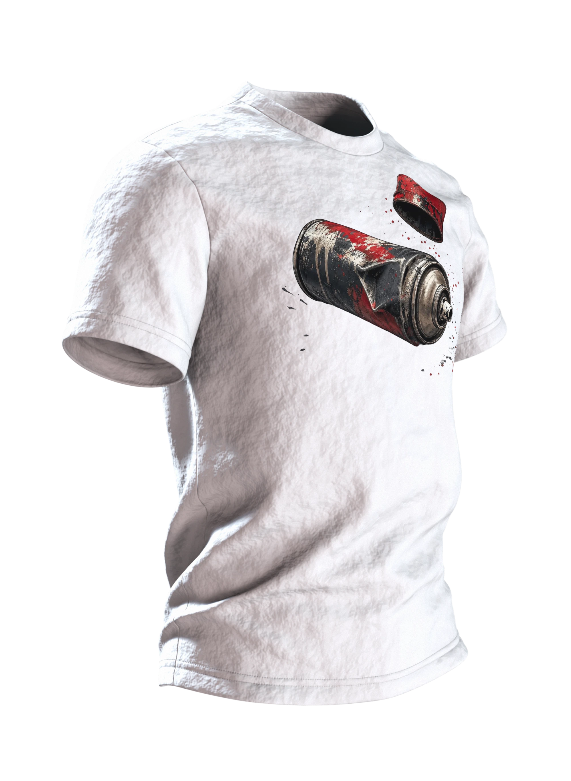 Spraydose T-Shirt: verbeulte Sprühdose in Chrom und Signalrot, Deckel im Flug, Seitenansicht links