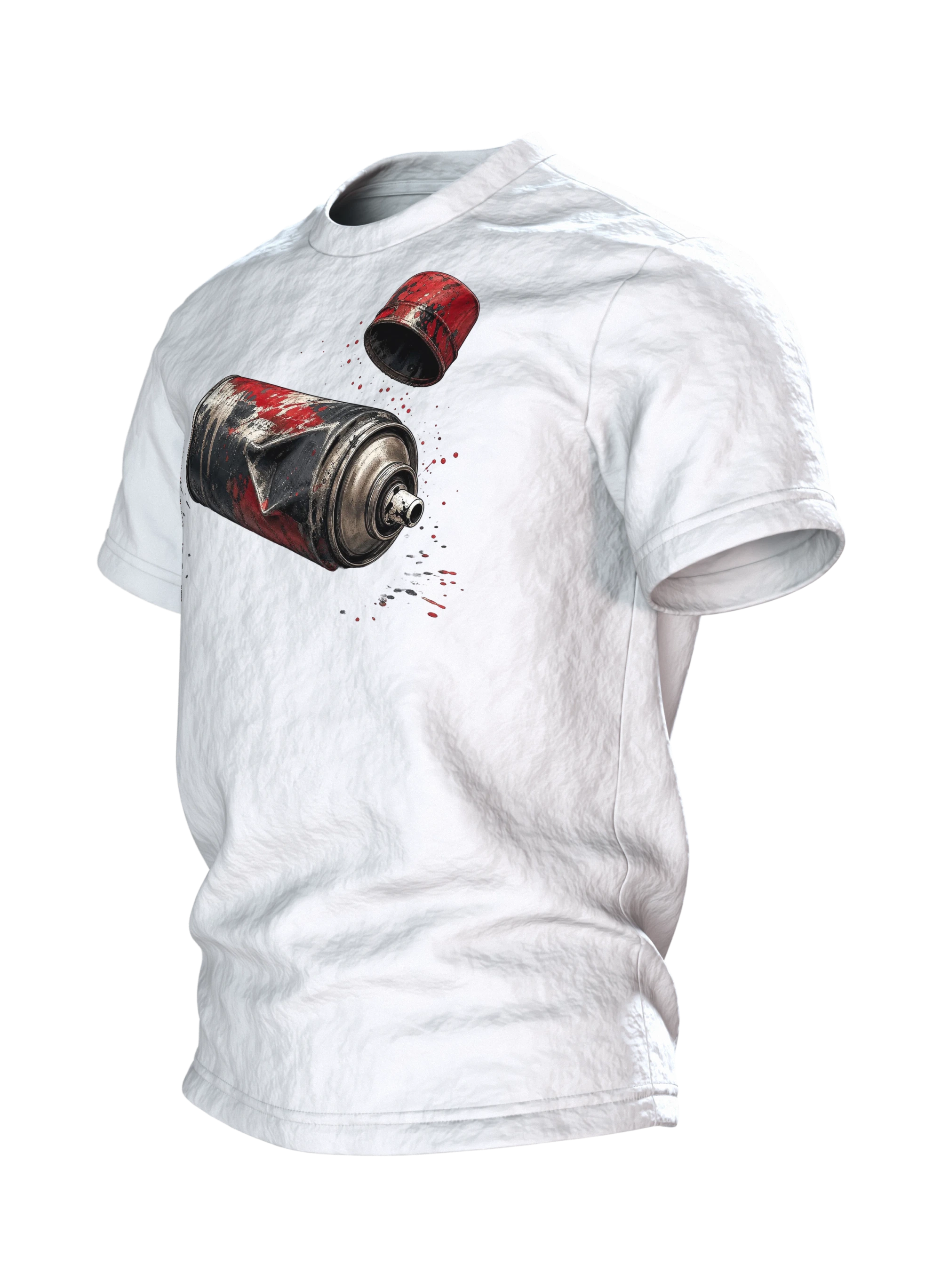 Spraydose T-Shirt: verbeulte Sprühdose in Chrom und Signalrot, Deckel im Flug, Seitenansicht rechts