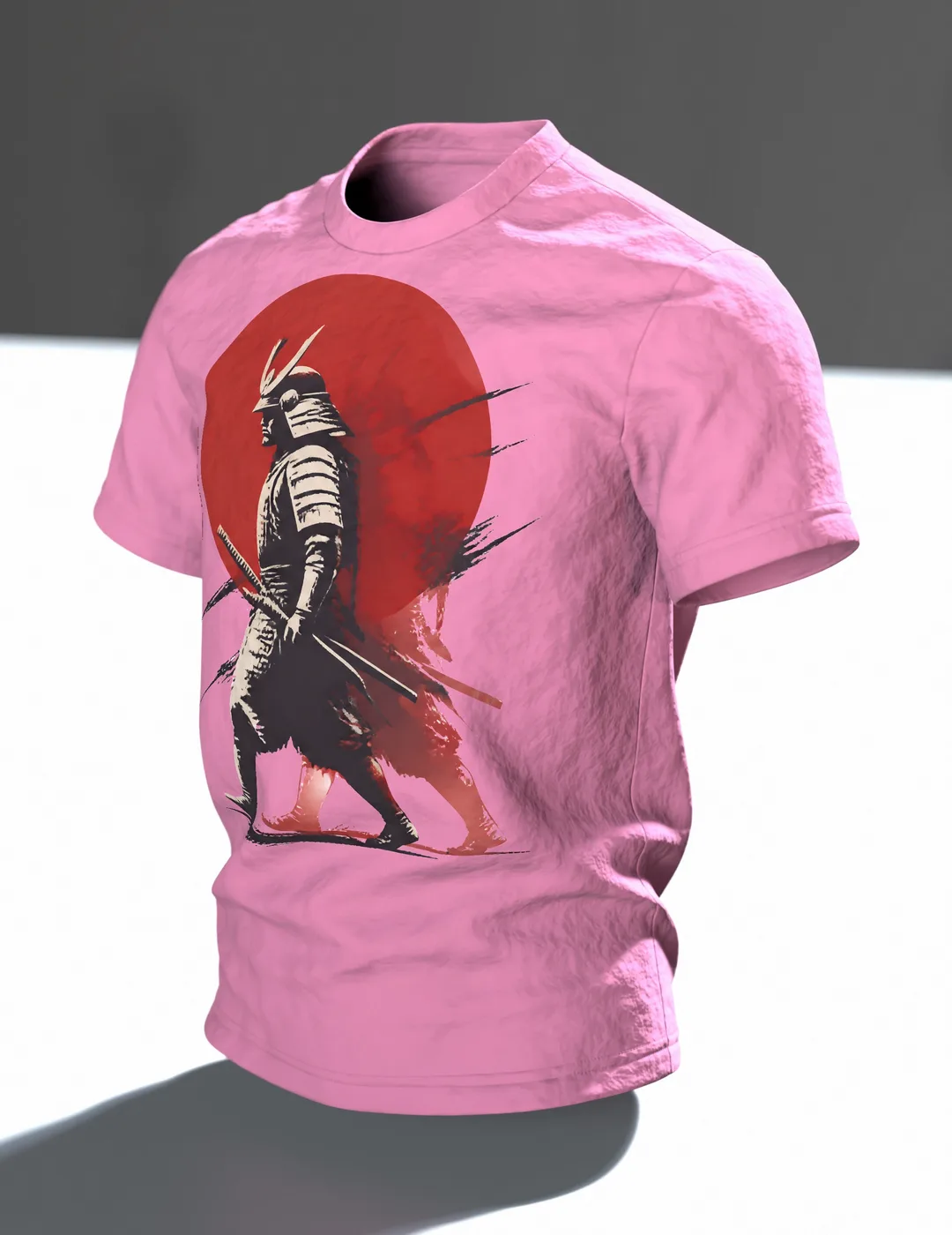 Samurai Silhouette T-Shirt: Mystischer Roter Mond, Im Raum, schräg