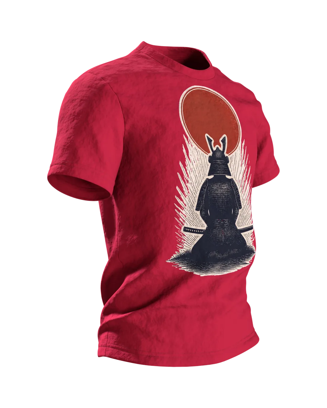 Samurai Silhouette Roter Mond T-Shirt: Japanisches Design, Seitenansicht links
