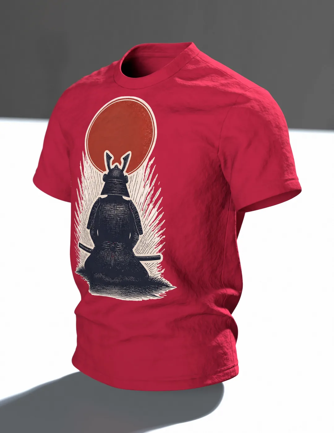 Samurai Silhouette Roter Mond T-Shirt: Japanisches Design, Im Raum, schräg
