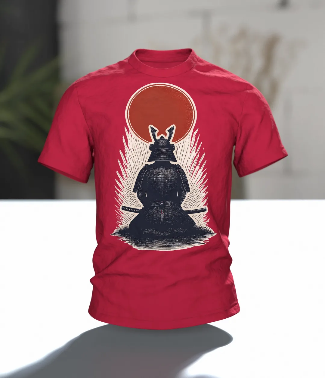 Samurai Silhouette Roter Mond T-Shirt: Japanisches Design, Im Raum