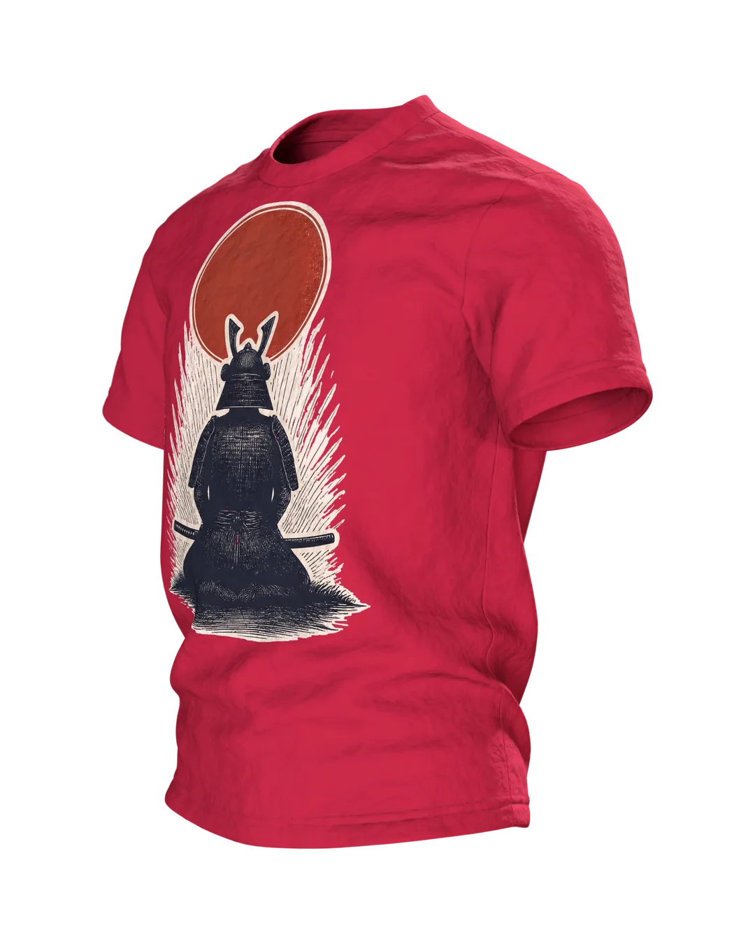 Samurai Silhouette Roter Mond T-Shirt: Japanisches Design, Seitenansicht rechts