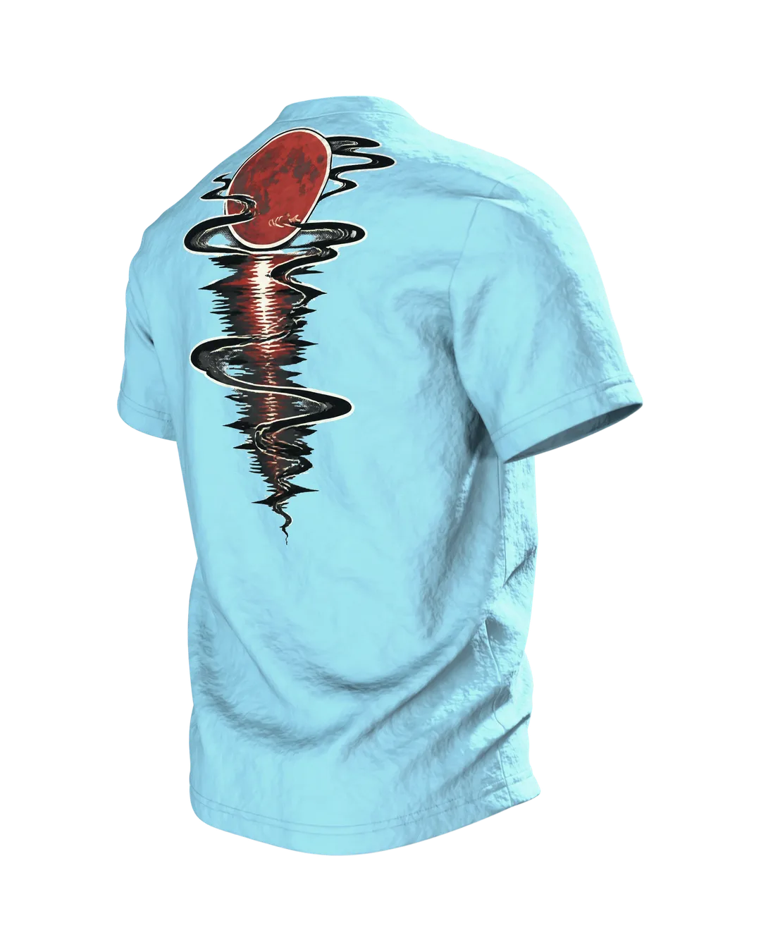 Samurai Silhouette Roter Mond T-Shirt: Mystisches Design, Rückseite schräg links