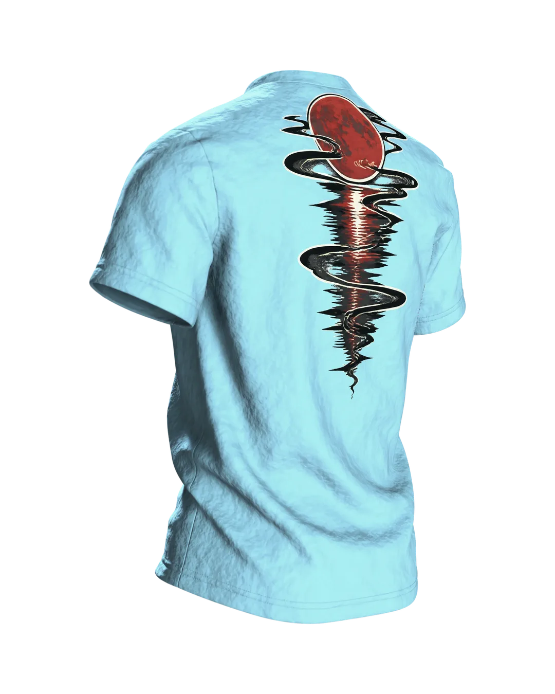 Samurai Silhouette Roter Mond T-Shirt: Mystisches Design, Rückseite schräg rechts