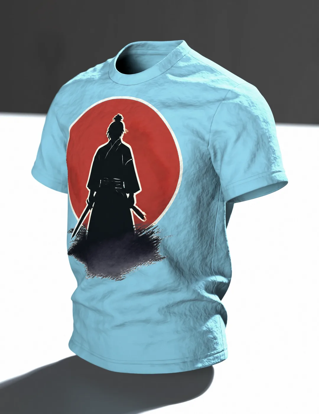 Samurai Silhouette Roter Mond T-Shirt: Mystisches Design, Im Raum, schräg