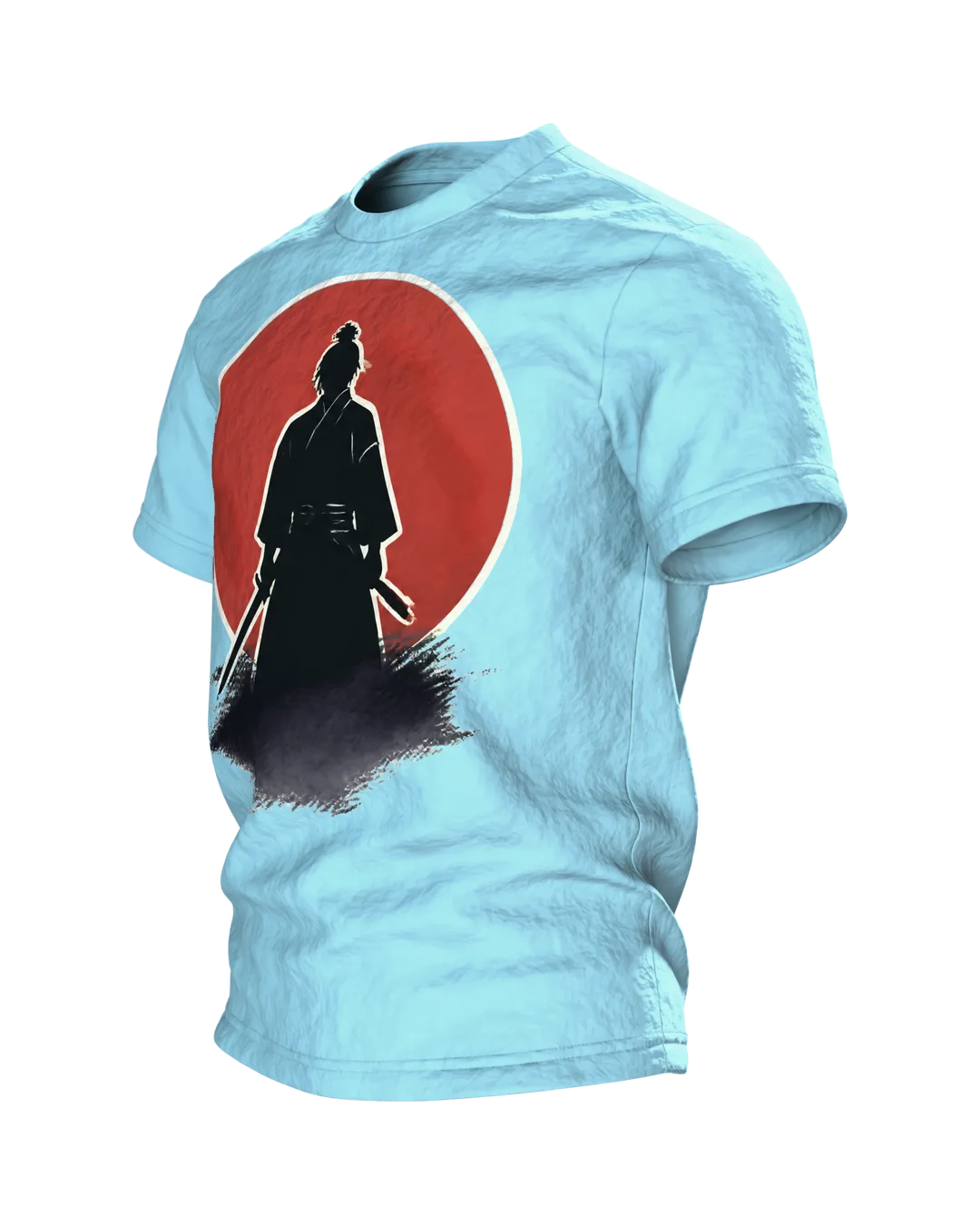 Samurai Silhouette Roter Mond T-Shirt: Mystisches Design, Seitenansicht rechts