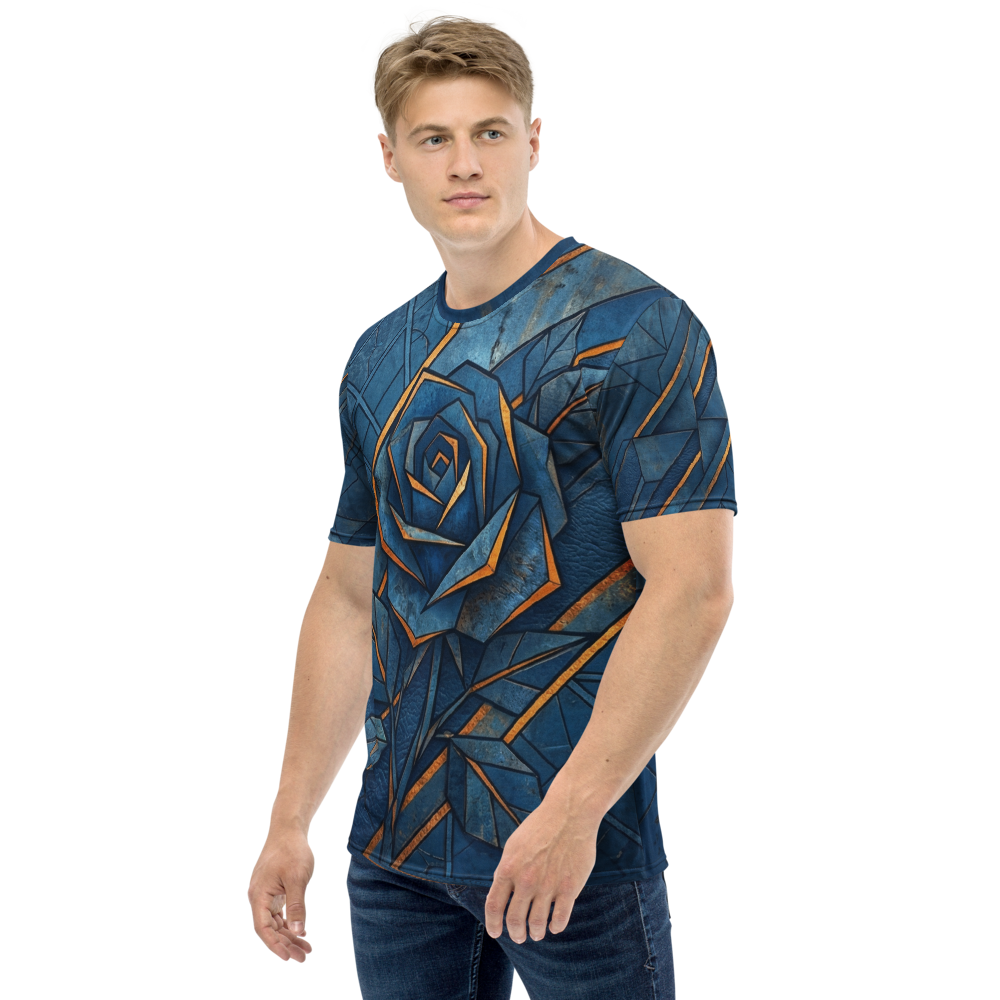Geometrische Blaue Rose T-Shirt – Goldene Akzente