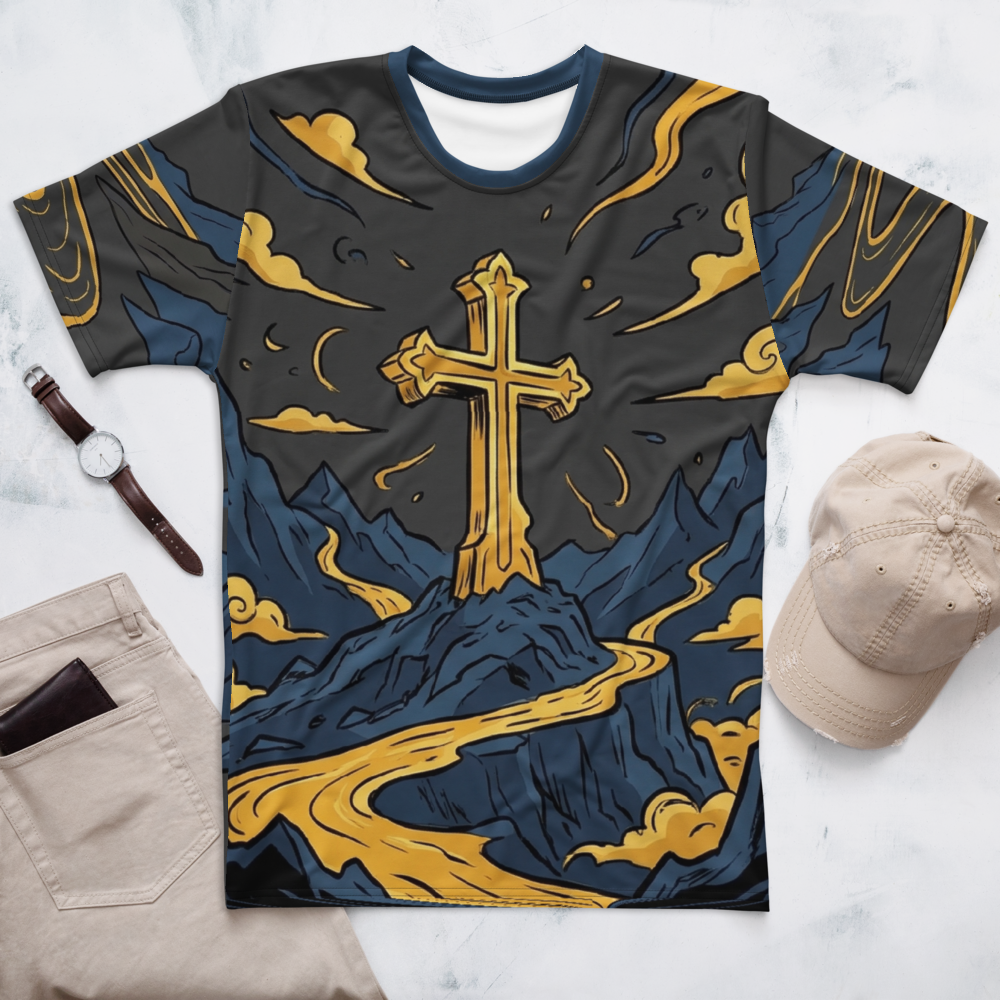 Goldenes Kreuz T-Shirt – Mystische Berglandschaft