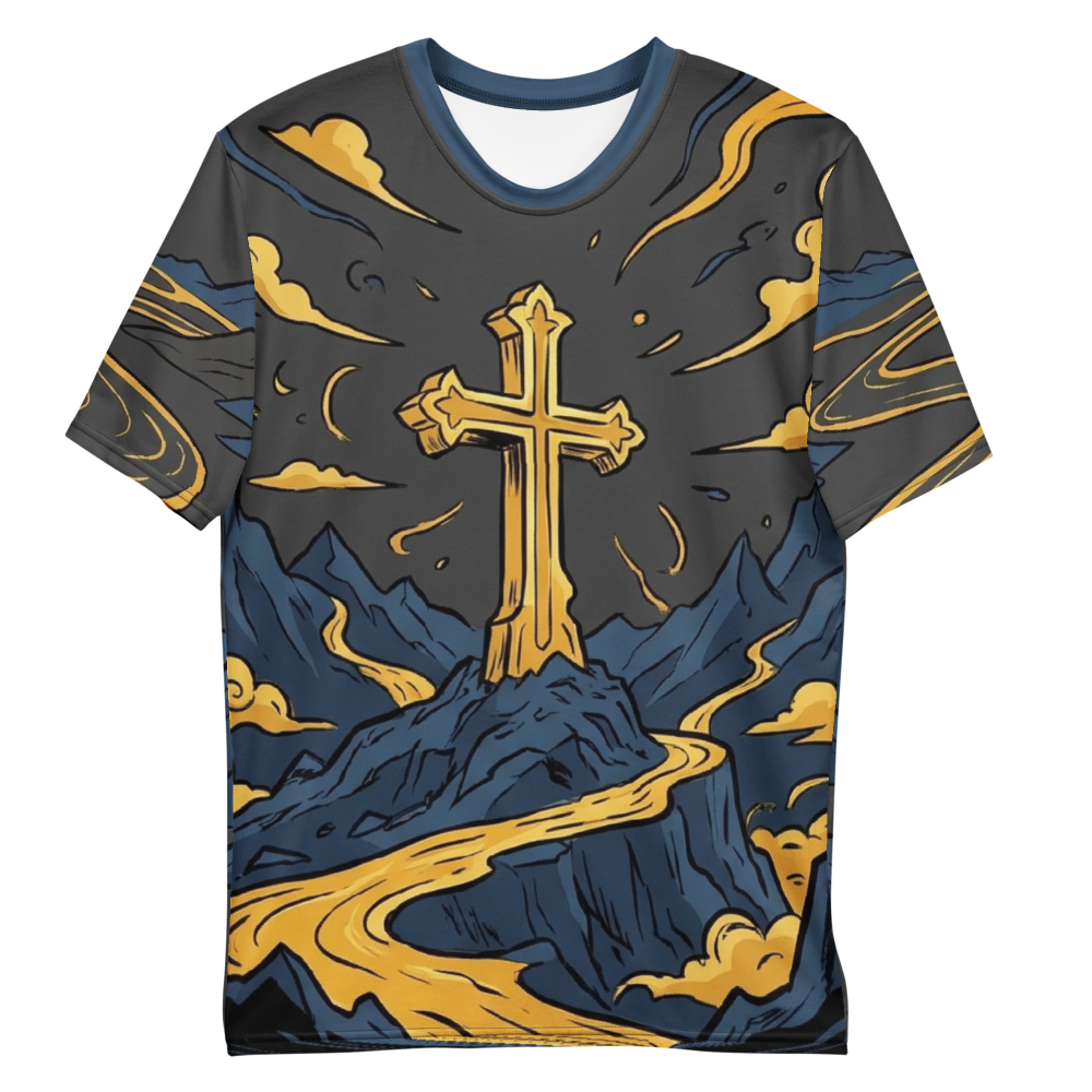 Goldenes Kreuz T-Shirt – Mystische Berglandschaft