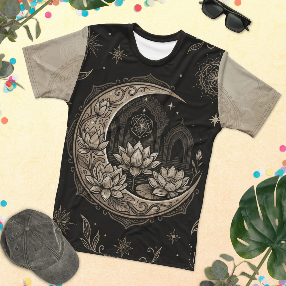 Mond Lotus Mandala — Beige Schwarz Spirituell T-Shirt