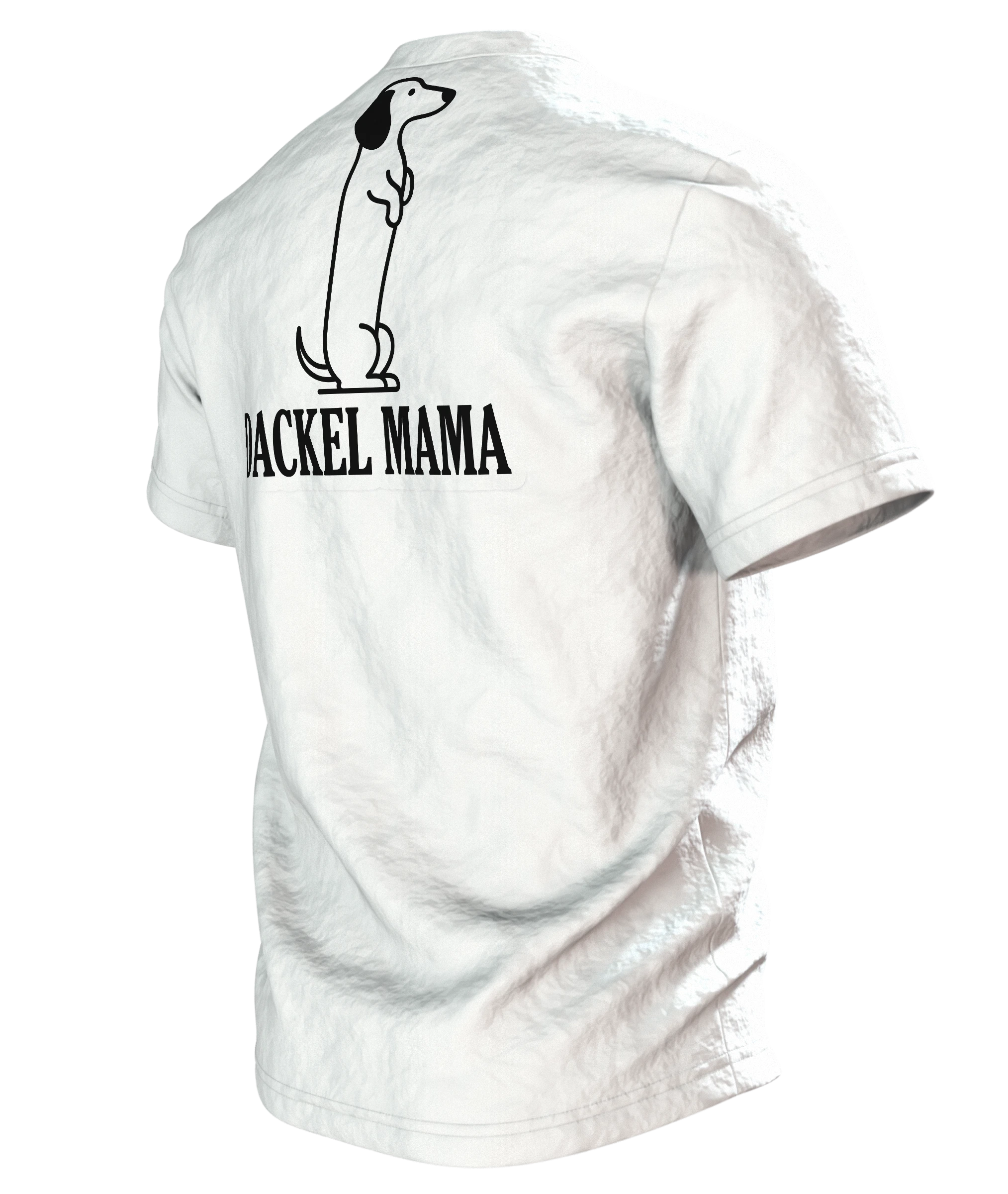 Dackel Mama T-Shirt, minimalistische Dackel Linienkunst mit Schriftzug auf dem Rücken, Rückseite schräg links