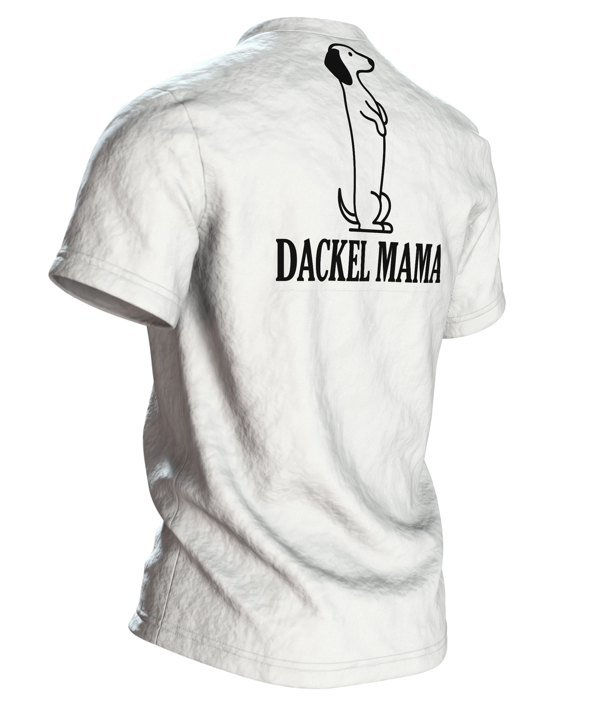 Dackel Mama T-Shirt, minimalistische Dackel Linienkunst mit Schriftzug auf dem Rücken, Rückseite schräg rechts