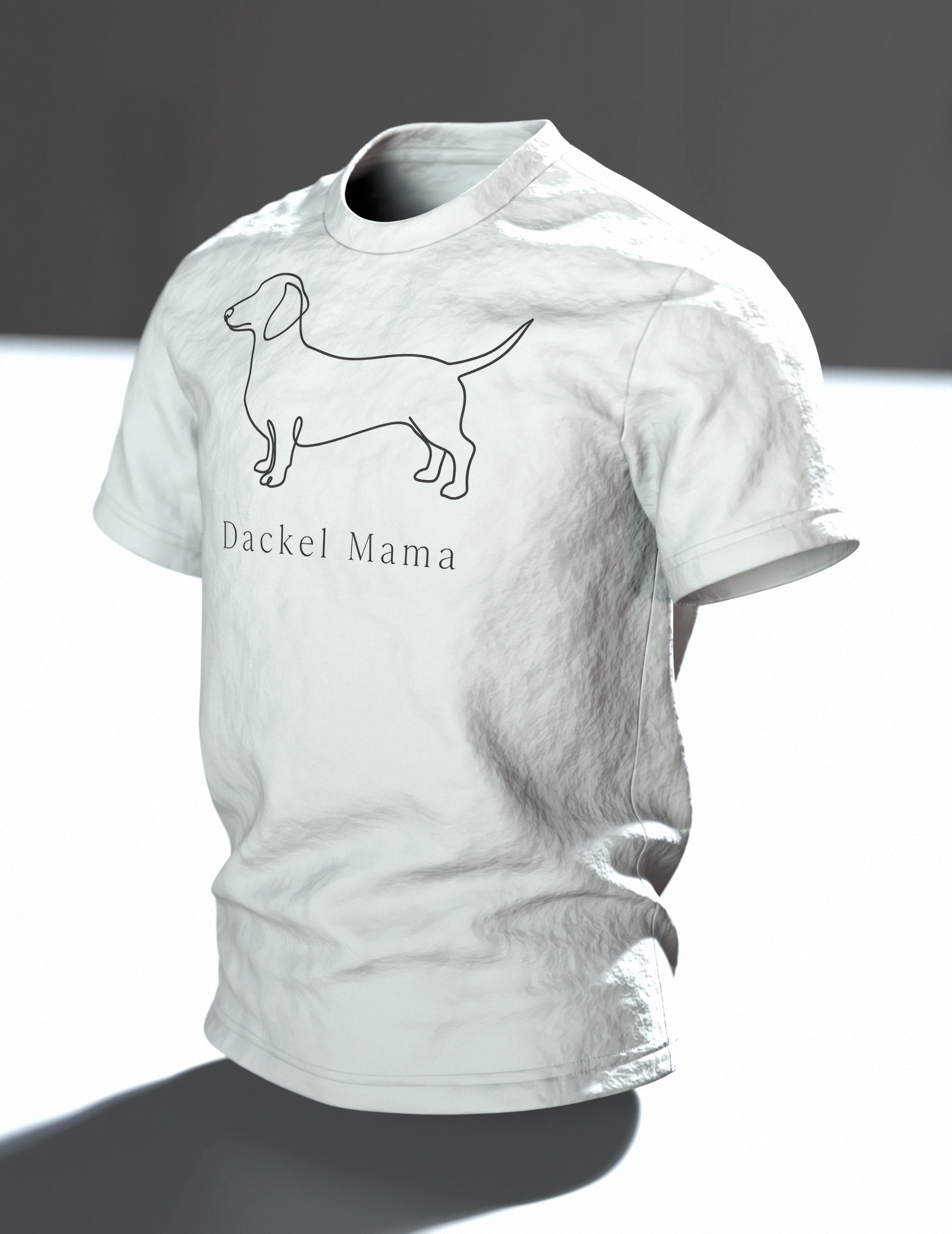 Dackel Mama T-Shirt, minimalistische Dackel Linienkunst mit Schriftzug auf dem Rücken, Im Raum, schräg